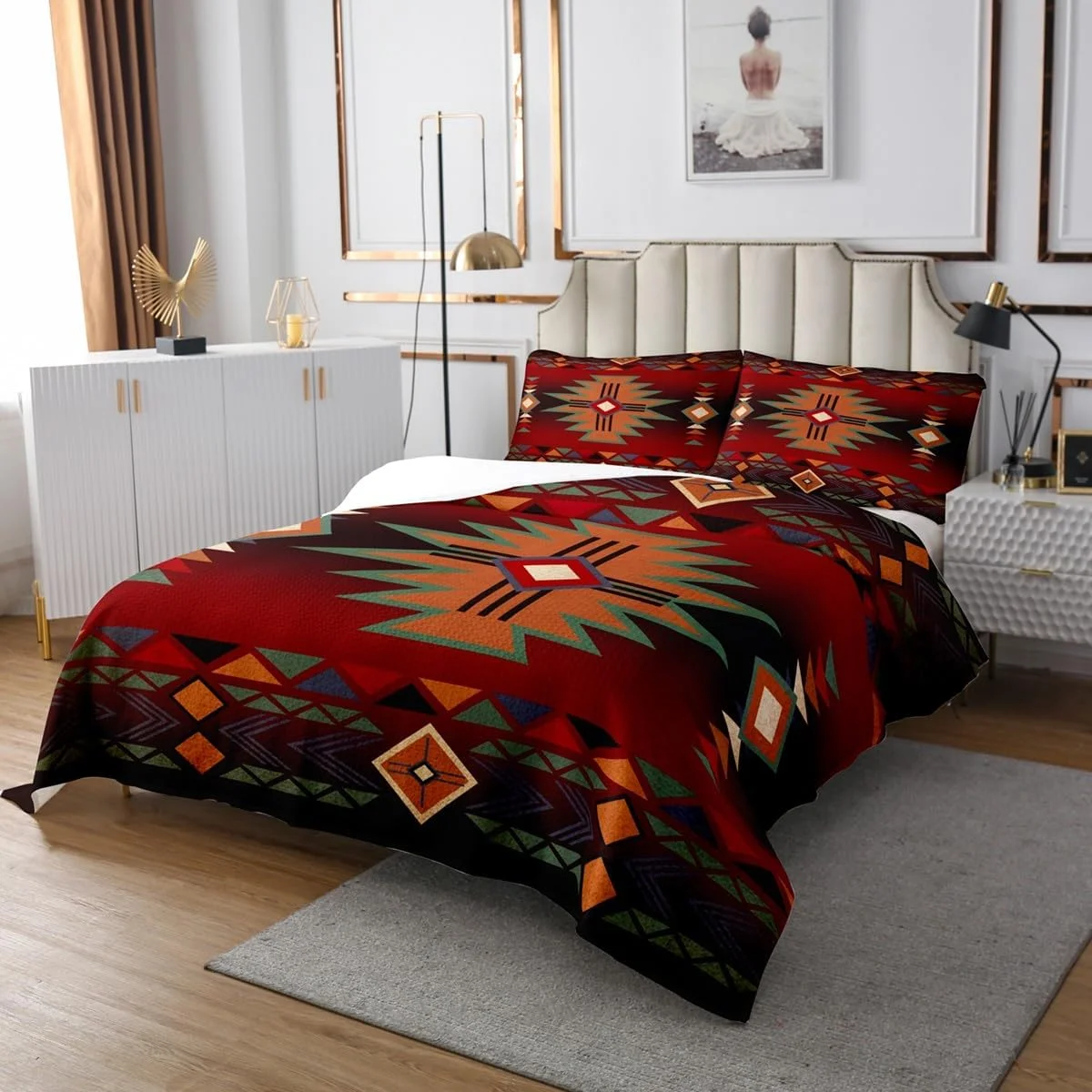 روتختی کینگ سایز وسترن، ست روتختی گاوچران و گاوچران زن مشکی قرمز برای پسران دختران، ست لحاف قبیله ای بومی آزتک بزرگسالان کودکانه، رو تختی لحاف بوهمی راه راه هندسی یکپارچهسازی با سیستمعامل، 2 روبالشی