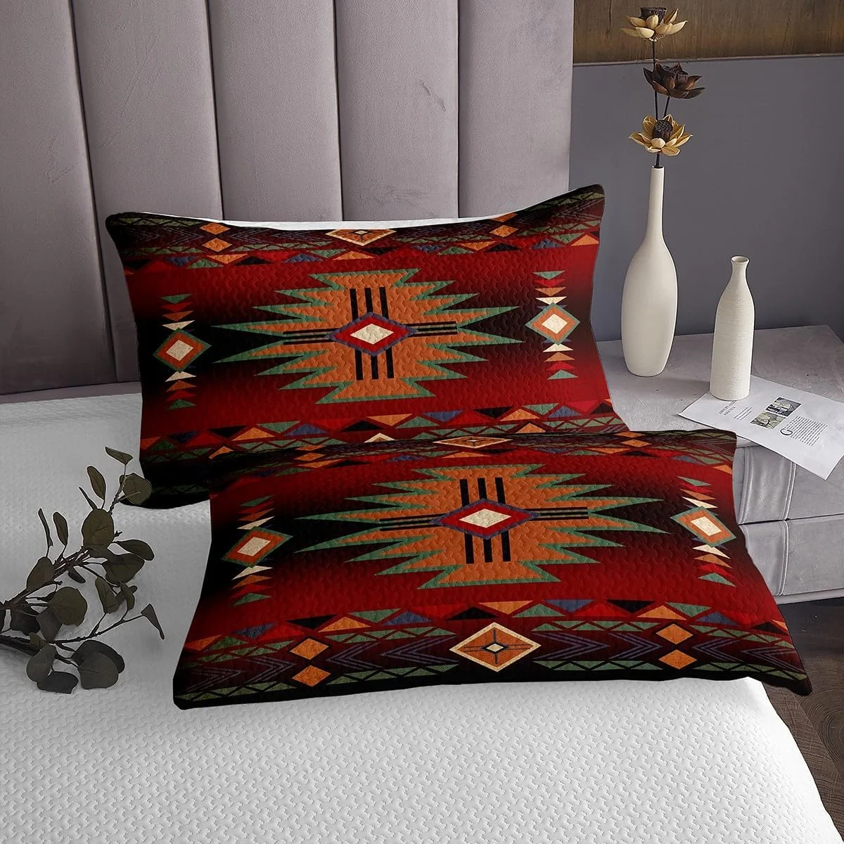 روتختی کینگ سایز وسترن، ست روتختی گاوچران و گاوچران زن مشکی قرمز برای پسران دختران، ست لحاف قبیله ای بومی آزتک بزرگسالان کودکانه، رو تختی لحاف بوهمی راه راه هندسی یکپارچهسازی با سیستمعامل، 2 روبالشی