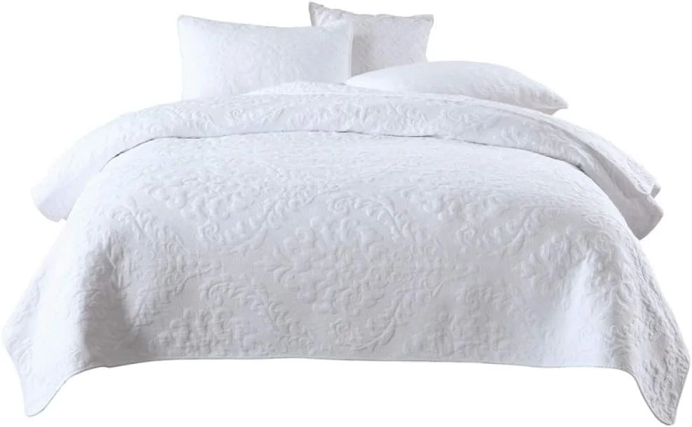 روتختی لحافی سفید طرح دار سه تکه، دو رو، گلدوزی شیک، لحاف پنبه ای، رو تختی 230x250 سانتی متر، پتوهای شسته شده دو طرفه با کیفیت بالا به همراه 2 روبالشی 50x70 سانتی متر