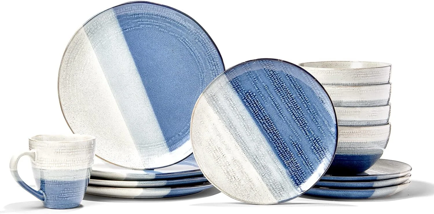 سرویس غذاخوری 16 پارچه گرد American Atelier Gaia، مجموعه ظروف سنگی برای مهمانی شام شامل 4 بشقاب غذاخوری، 4 بشقاب سالاد، 4 کاسه و 4 لیوان، آبی، 7671-16-RB سرویس غذاخوری 16 پارچه گرد American Atelier Gaia، مجموعه ظروف سنگی برای مهمانی شام شامل 4 بشقاب غذاخوری، 4 بشقاب سالاد، 4 کاسه و 4 لیوان، آبی، 7671-16-RB