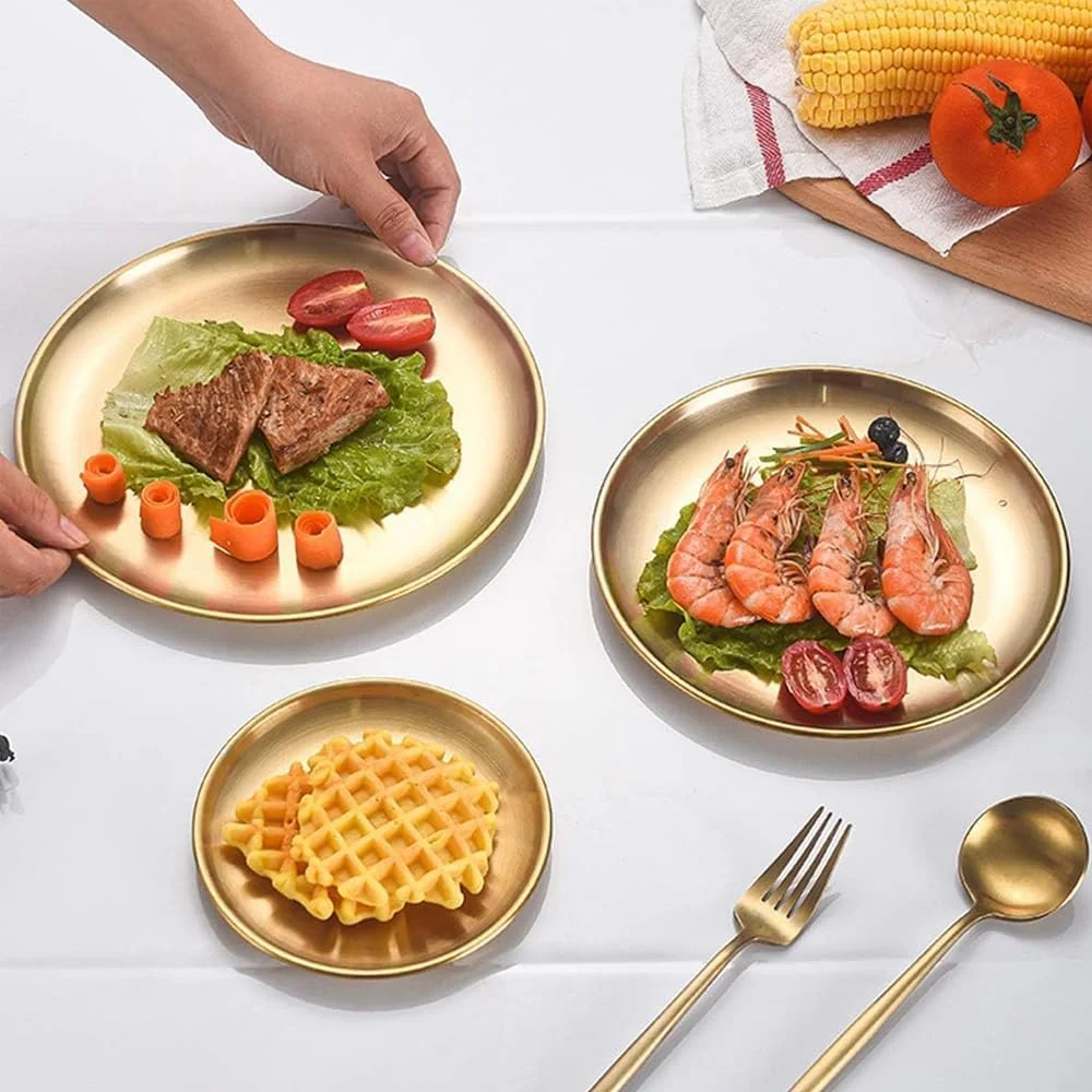 بسته 2 عددی بشقاب سالاد استیل طلایی AMERTEER - بشقاب های استیل طلایی 10 اینچی، بشقاب های گرد فلزی غذاخوری، ظروف غذاخوری طلایی قابل استفاده مجدد برای سرو، بشقاب فلزی، بشقاب تنقلات، بشقاب کمپینگ، بشقاب آجیل بسته 2 عددی بشقاب سالاد استیل طلایی AMERTEER - بشقاب های استیل طلایی 10 اینچی، بشقاب های گرد فلزی غذاخوری، ظروف غذاخوری طلایی قابل استفاده مجدد برای سرو، بشقاب فلزی، بشقاب تنقلات، بشقاب کمپینگ، بشقاب آجیل