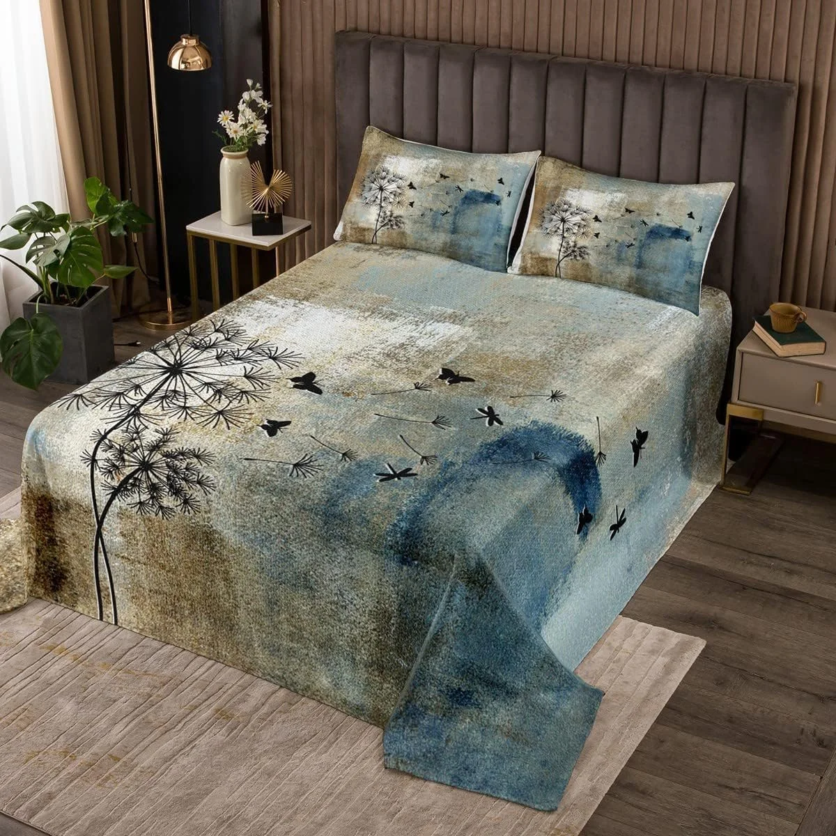 روتختی طرح انتزاعی کینگ سایز Castle Fairy، ست لحاف طرح قدیمی قهوه ای سرمه ای خاکستری 3 تکه قاصدک پروانه، ست لحاف هنری گرافیتی برای دکور اتاق بزرگسالان زنانه مردانه، 2 روبالشتی