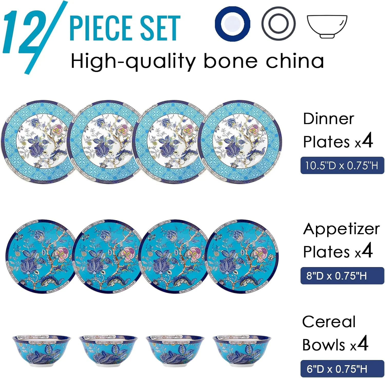 سرویس غذاخوری چینی استخوانی ACMLIFE مناسب برای 4 نفر، سرویس 12 پارچه با طرح گلدار قدیمی، ست بشقاب و کاسه آشپزخانه، هدیه کریسمس برای خانم ها (آبی) سرویس غذاخوری چینی استخوانی ACMLIFE مناسب برای 4 نفر، سرویس 12 پارچه با طرح گلدار قدیمی، ست بشقاب و کاسه آشپزخانه، هدیه کریسمس برای خانم ها (آبی)