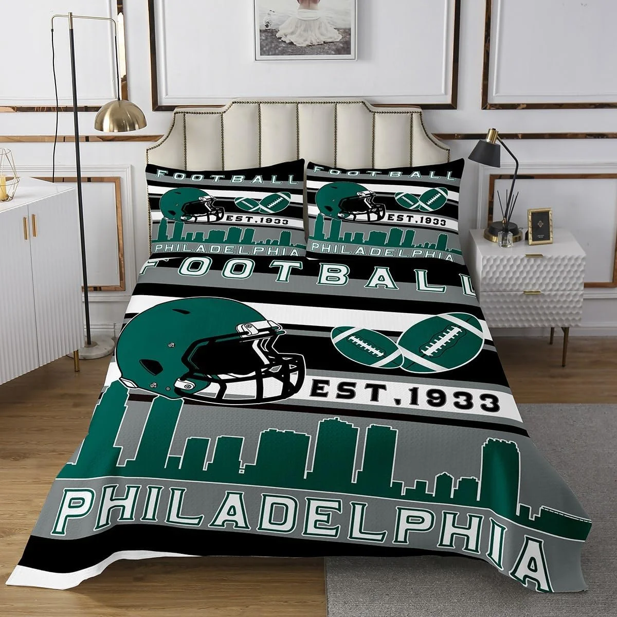 روتختی لحافی طرح فوتبال آمریکایی Castle Fairy، رو تختی طرح شهر فوتبال (فیلادلفیا) مناسب تمام فصول، ست رو تختی خاکستری رنگ با طرح بازی راگبی و فوتبال، سایز یک نفره به همراه یک روبالشتی برای تزئین