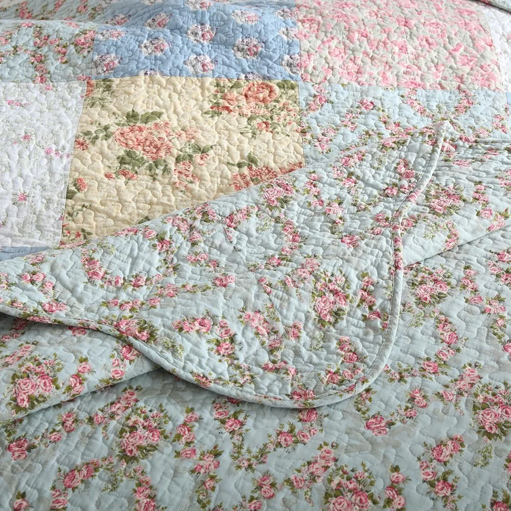 روتختی پنبهای کمندی، ست ملحفه لحاف سه تکه، رو تختی دو رو، لحاف، طرح گل رز سبز آبی، روتختی تکه دوزی شده، سایز کینگ روتختی پنبهای کمندی، ست ملحفه لحاف سه تکه، رو تختی دو رو، لحاف، طرح گل رز سبز آبی، روتختی تکه دوزی شده، سایز کینگ