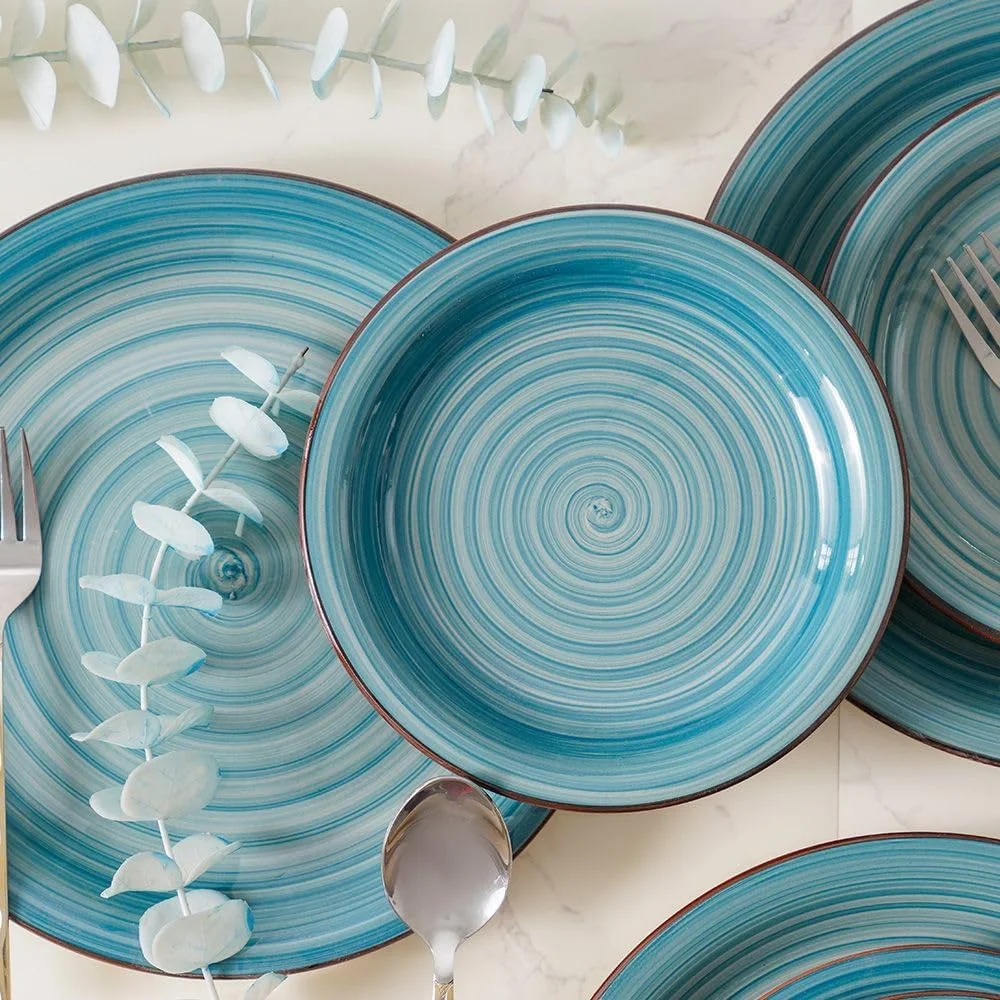 سرویس غذاخوری 16 پارچه سنگی آپولو با طراحی دستی - ظروف غذاخوری هنری و بادوام شامل بشقاب، کاسه و لیوان، مناسب برای وعده های غذایی خانوادگی، مهمانی ها، رستوران ها و استفاده روزمره