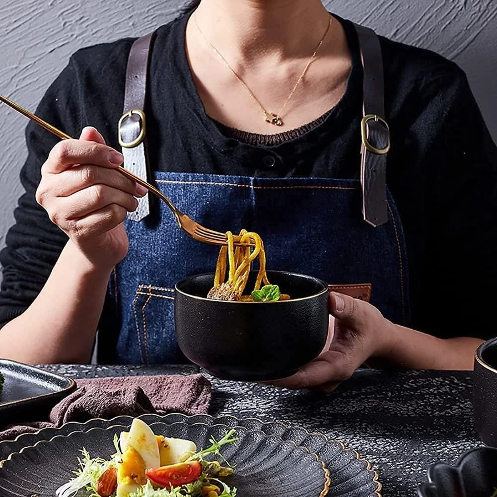 سرویس ظروف غذاخوری سرامیکی، 15 تکه بشقاب و کاسه مشکی مات رترو - سرویس غذاخوری لبه نامنظم ژاپنی، مناسب برای 4 نفر، مشکی سرویس ظروف غذاخوری سرامیکی، 15 تکه بشقاب و کاسه مشکی مات رترو - سرویس غذاخوری لبه نامنظم ژاپنی، مناسب برای 4 نفر، مشکی