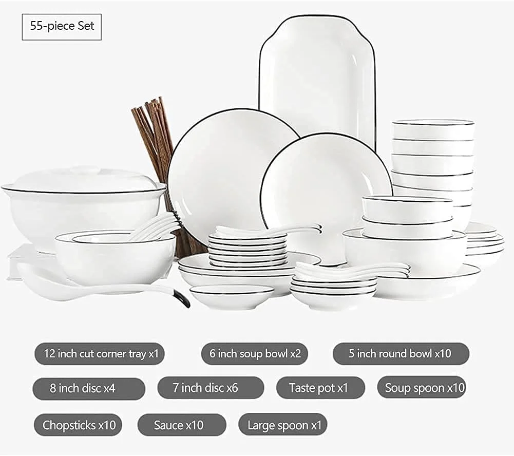 سرویس غذاخوری سرامیکی 56 پارچه، ظروف چینی استخوانی، بشقاب و ظروف سرامیکی، سرویس غذاخوری ترکیبی، سرویس چینی برای 10 نفر، سرویس ظروف مشکی Penh، 56 پارچه سرویس غذاخوری سرامیکی 56 پارچه، ظروف چینی استخوانی، بشقاب و ظروف سرامیکی، سرویس غذاخوری ترکیبی، سرویس چینی برای 10 نفر، سرویس ظروف مشکی Penh، 56 پارچه