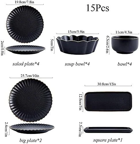 سرویس ظروف غذاخوری سرامیکی، 15 تکه بشقاب و کاسه مشکی مات رترو - سرویس غذاخوری لبه نامنظم ژاپنی، مناسب برای 4 نفر، مشکی سرویس ظروف غذاخوری سرامیکی، 15 تکه بشقاب و کاسه مشکی مات رترو - سرویس غذاخوری لبه نامنظم ژاپنی، مناسب برای 4 نفر، مشکی