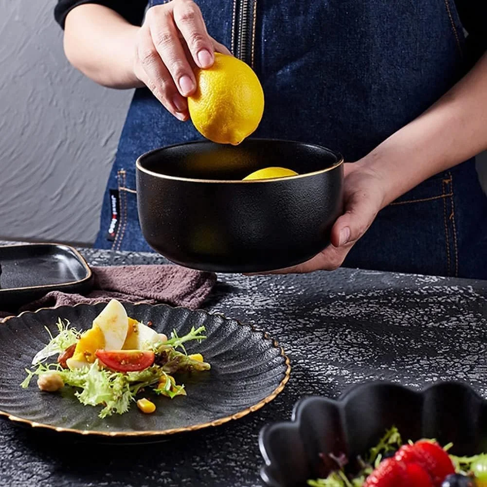 سرویس ظروف غذاخوری سرامیکی، 15 تکه بشقاب و کاسه مشکی مات رترو - سرویس غذاخوری لبه نامنظم ژاپنی، مناسب برای 4 نفر، مشکی سرویس ظروف غذاخوری سرامیکی، 15 تکه بشقاب و کاسه مشکی مات رترو - سرویس غذاخوری لبه نامنظم ژاپنی، مناسب برای 4 نفر، مشکی