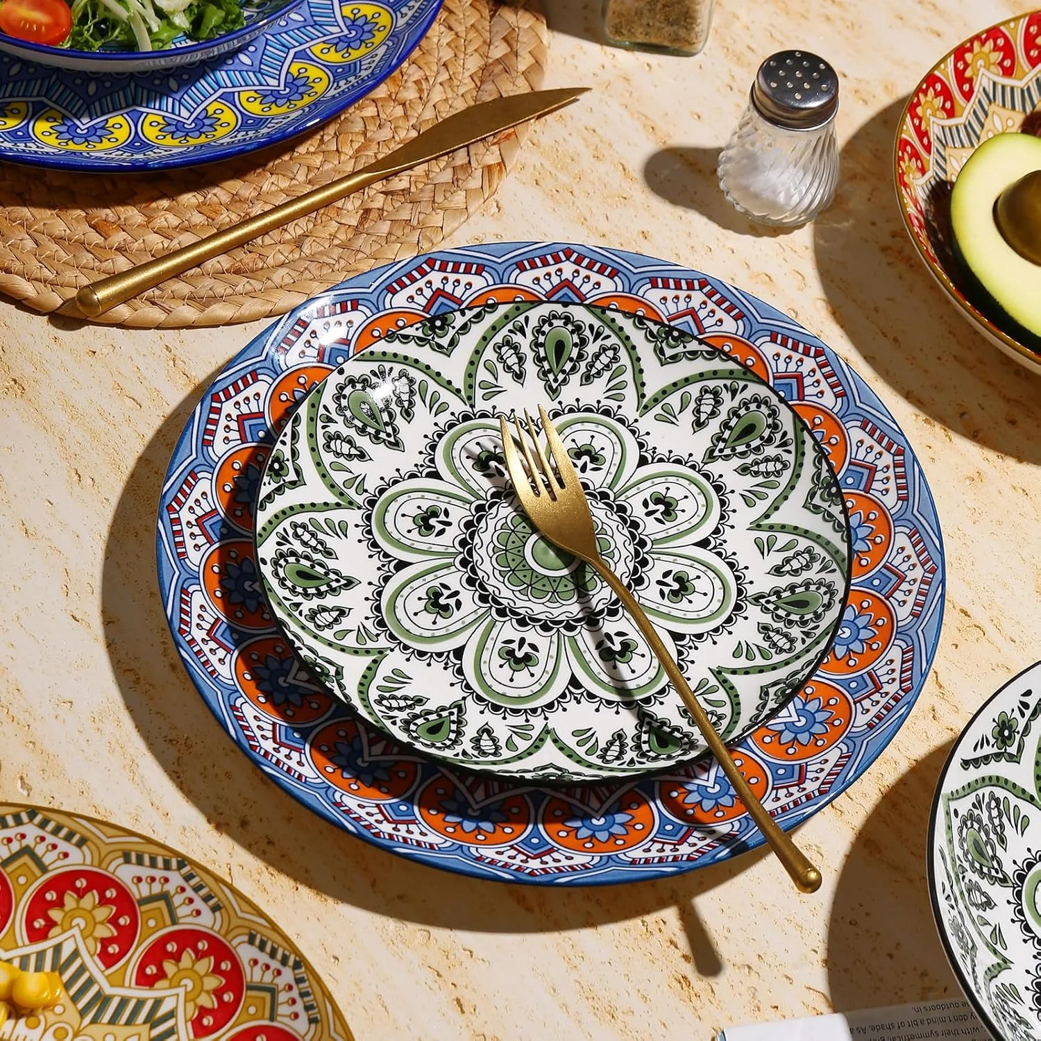 سرویس ظروف غذاخوری سرامیکی 12 پارچه، شامل بشقاب، کاسه پاستا، کاسه غلات، ست ظروف با لعاب واکنشگرا، ظروف سنگی مدرن با رنگهای بوهمی سرویس ظروف غذاخوری سرامیکی 12 پارچه، شامل بشقاب، کاسه پاستا، کاسه غلات، ست ظروف با لعاب واکنشگرا، ظروف سنگی مدرن با رنگهای بوهمی