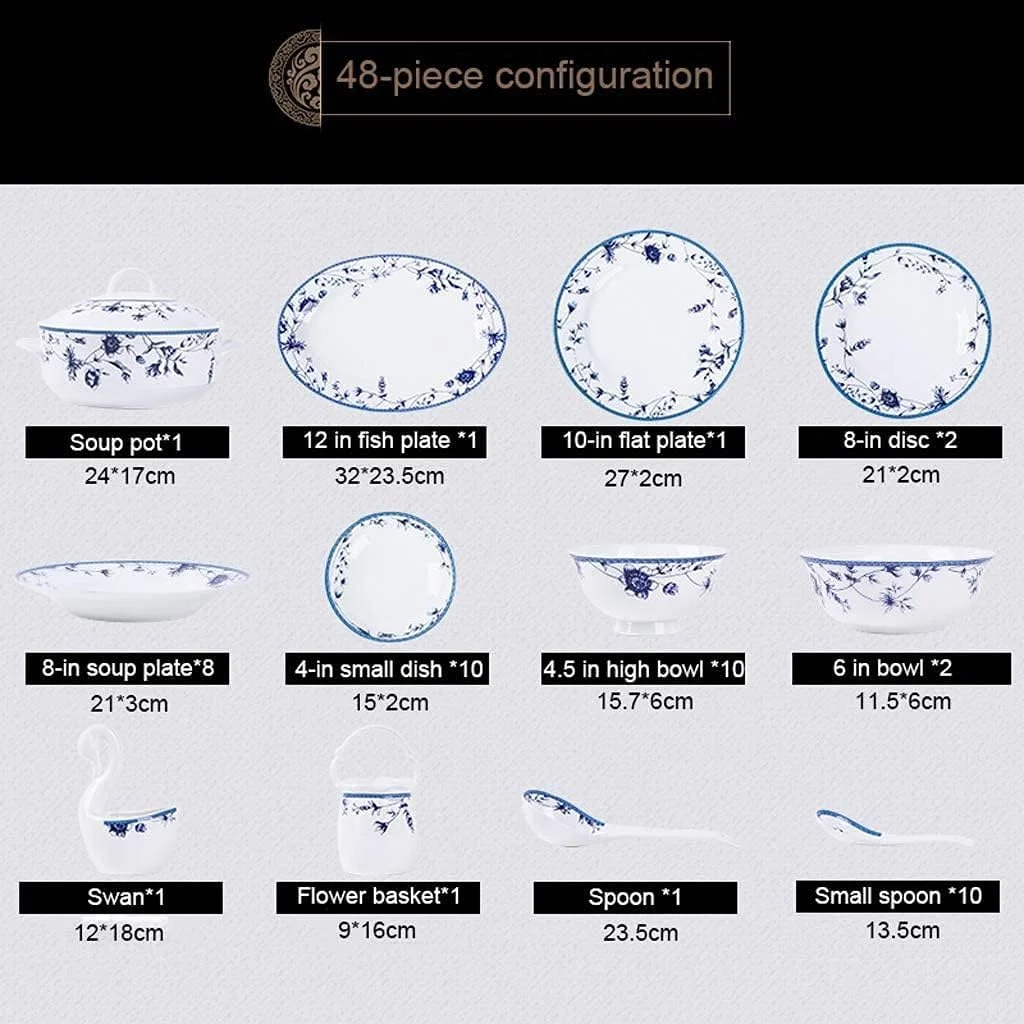 ست ظروف غذاخوری سرامیکی 48 پارچه شامل کاسه/قابلمه/بشقاب/قاشق | ست ظروف چینی استخوانی با طرح آبی و سفید، ست ترکیبی ظروف چینی ست ظروف غذاخوری سرامیکی 48 پارچه شامل کاسه/قابلمه/بشقاب/قاشق | ست ظروف چینی استخوانی با طرح آبی و سفید، ست ترکیبی ظروف چینی