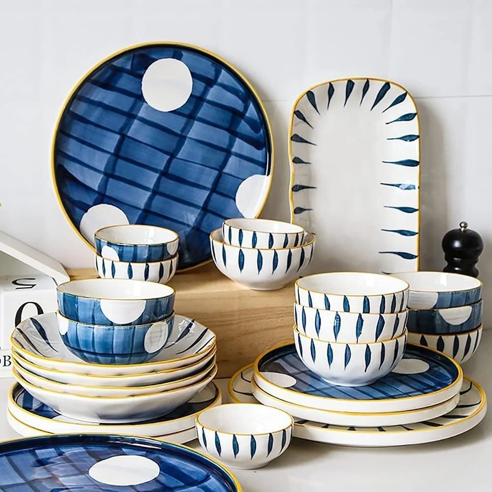 سرویس ظروف غذاخوری سرامیکی، ست بشقاب و کاسه | ست ظروف غذاخوری ژاپنی 52 تکه - بشقاب استیک راه راه ساده برای هدایای عروسی، آبی سرویس ظروف غذاخوری سرامیکی، ست بشقاب و کاسه | ست ظروف غذاخوری ژاپنی 52 تکه - بشقاب استیک راه راه ساده برای هدایای عروسی، آبی