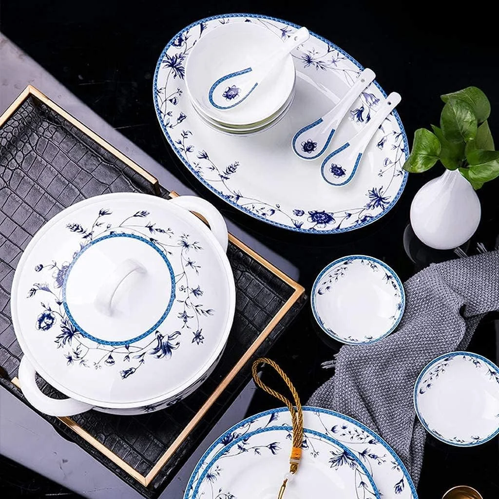 ست ظروف غذاخوری سرامیکی 48 پارچه شامل کاسه/قابلمه/بشقاب/قاشق | ست ظروف چینی استخوانی با طرح آبی و سفید، ست ترکیبی ظروف چینی ست ظروف غذاخوری سرامیکی 48 پارچه شامل کاسه/قابلمه/بشقاب/قاشق | ست ظروف چینی استخوانی با طرح آبی و سفید، ست ترکیبی ظروف چینی