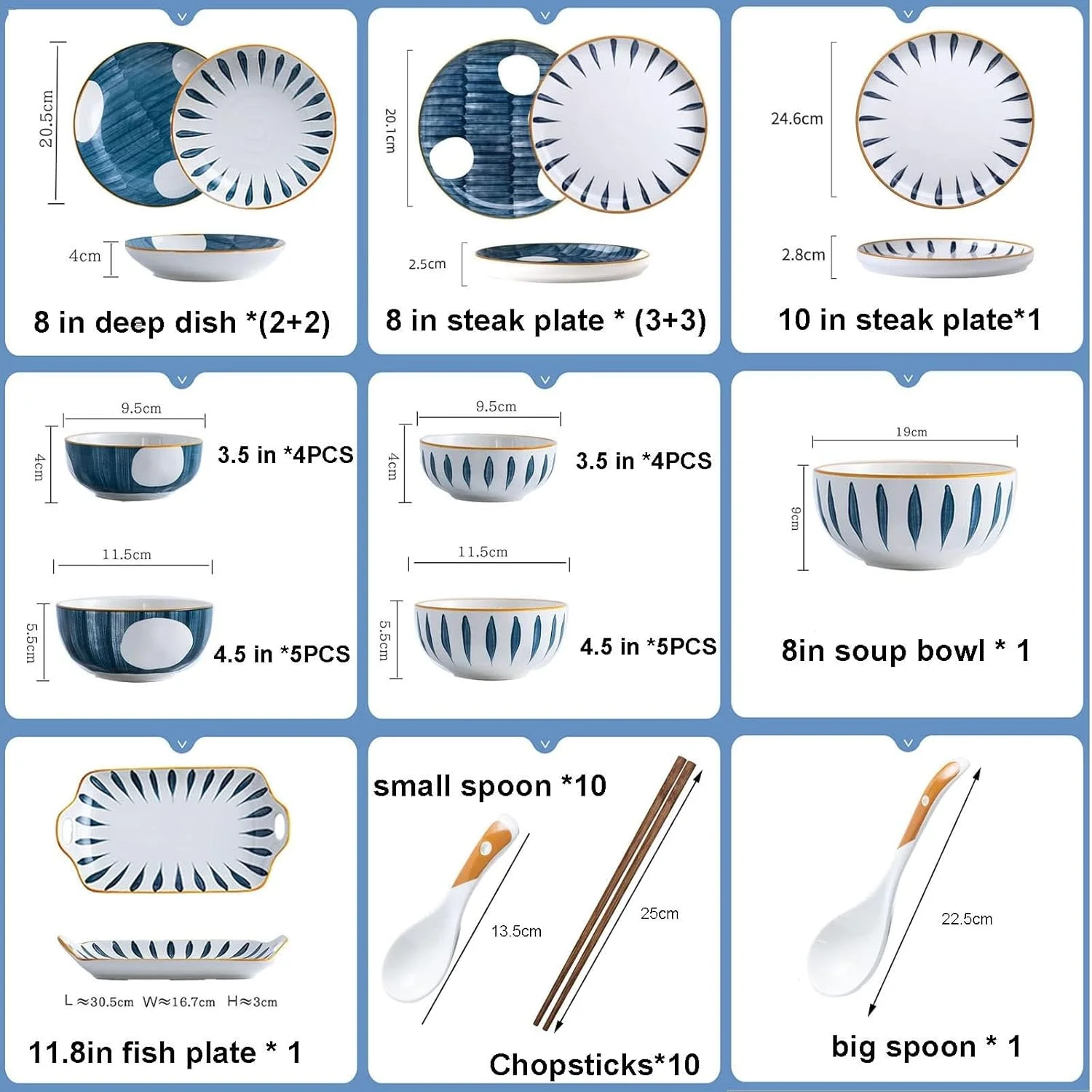 سرویس ظروف غذاخوری سرامیکی، ست بشقاب و کاسه | ست ظروف غذاخوری ژاپنی 52 تکه - بشقاب استیک راه راه ساده برای هدایای عروسی، آبی سرویس ظروف غذاخوری سرامیکی، ست بشقاب و کاسه | ست ظروف غذاخوری ژاپنی 52 تکه - بشقاب استیک راه راه ساده برای هدایای عروسی، آبی