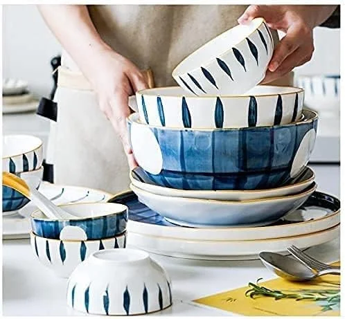 سرویس ظروف غذاخوری سرامیکی، ست بشقاب و کاسه | ست ظروف غذاخوری ژاپنی 52 تکه - بشقاب استیک راه راه ساده برای هدایای عروسی، آبی سرویس ظروف غذاخوری سرامیکی، ست بشقاب و کاسه | ست ظروف غذاخوری ژاپنی 52 تکه - بشقاب استیک راه راه ساده برای هدایای عروسی، آبی