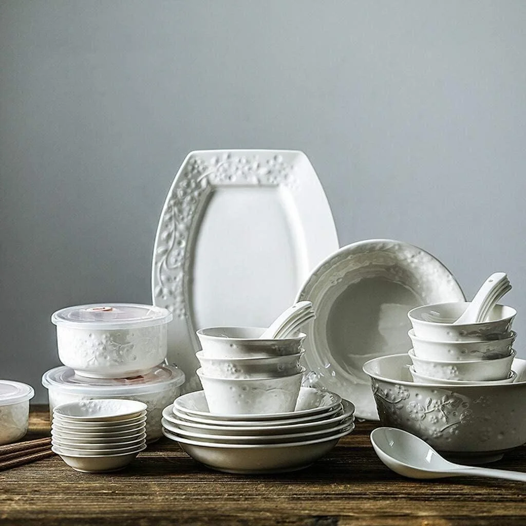 سرویس ظروف غذاخوری سرامیکی، کاسه/بشقاب/پلیت | ست ۴۴ پارچه ظروف غذاخوری با طرح برجسته سفید - مناسب مهمانی های خانوادگی و رستوران سرویس ظروف غذاخوری سرامیکی، کاسه/بشقاب/پلیت | ست ۴۴ پارچه ظروف غذاخوری با طرح برجسته سفید - مناسب مهمانی های خانوادگی و رستوران