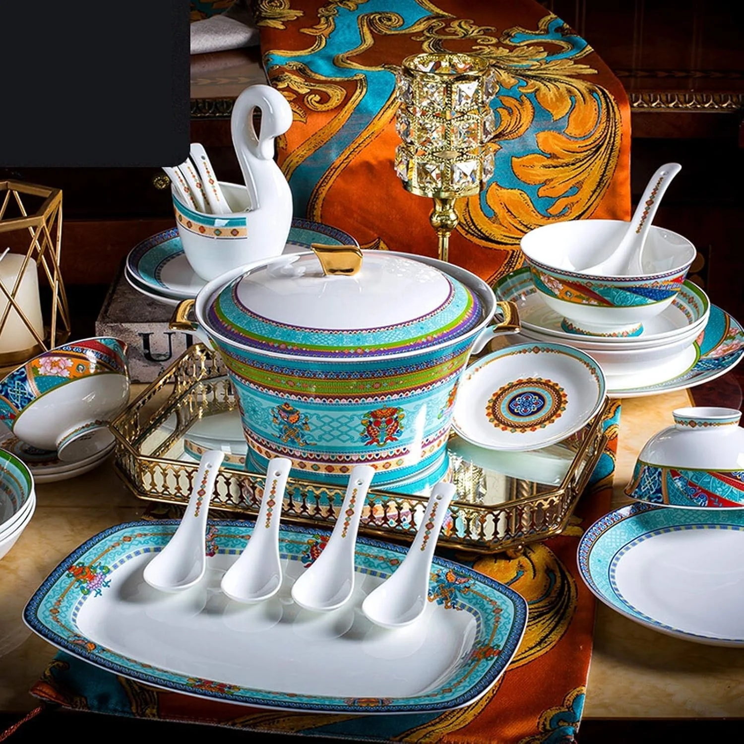 سرویس غذاخوری شیک، ست ظروف سرامیکی، ست ظروف چینی استخوانی 48 تکه، ست ظروف غذاخوری لوکس میناکاری شده با قابلمه سوپ و کاسه غلات سرویس غذاخوری شیک، ست ظروف سرامیکی، ست ظروف چینی استخوانی 48 تکه، ست ظروف غذاخوری لوکس میناکاری شده با قابلمه سوپ و کاسه غلات