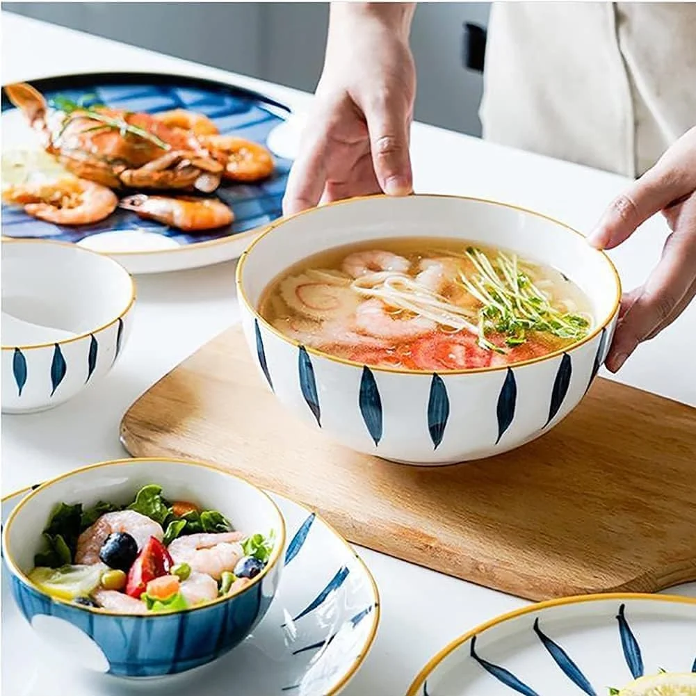 سرویس ظروف غذاخوری سرامیکی، ست بشقاب و کاسه | ست ظروف غذاخوری ژاپنی 52 تکه - بشقاب استیک راه راه ساده برای هدایای عروسی، آبی سرویس ظروف غذاخوری سرامیکی، ست بشقاب و کاسه | ست ظروف غذاخوری ژاپنی 52 تکه - بشقاب استیک راه راه ساده برای هدایای عروسی، آبی