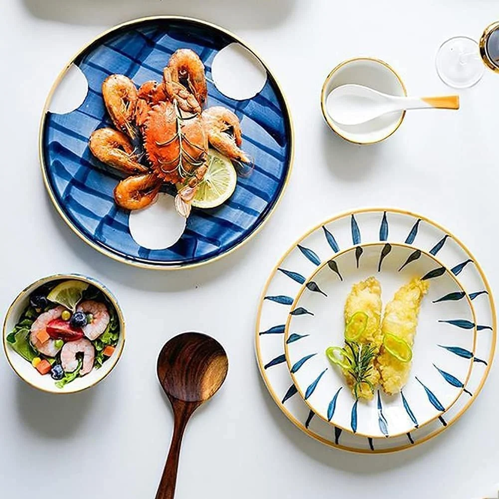 سرویس ظروف غذاخوری سرامیکی، ست بشقاب و کاسه | ست ظروف غذاخوری ژاپنی 52 تکه - بشقاب استیک راه راه ساده برای هدایای عروسی، آبی سرویس ظروف غذاخوری سرامیکی، ست بشقاب و کاسه | ست ظروف غذاخوری ژاپنی 52 تکه - بشقاب استیک راه راه ساده برای هدایای عروسی، آبی