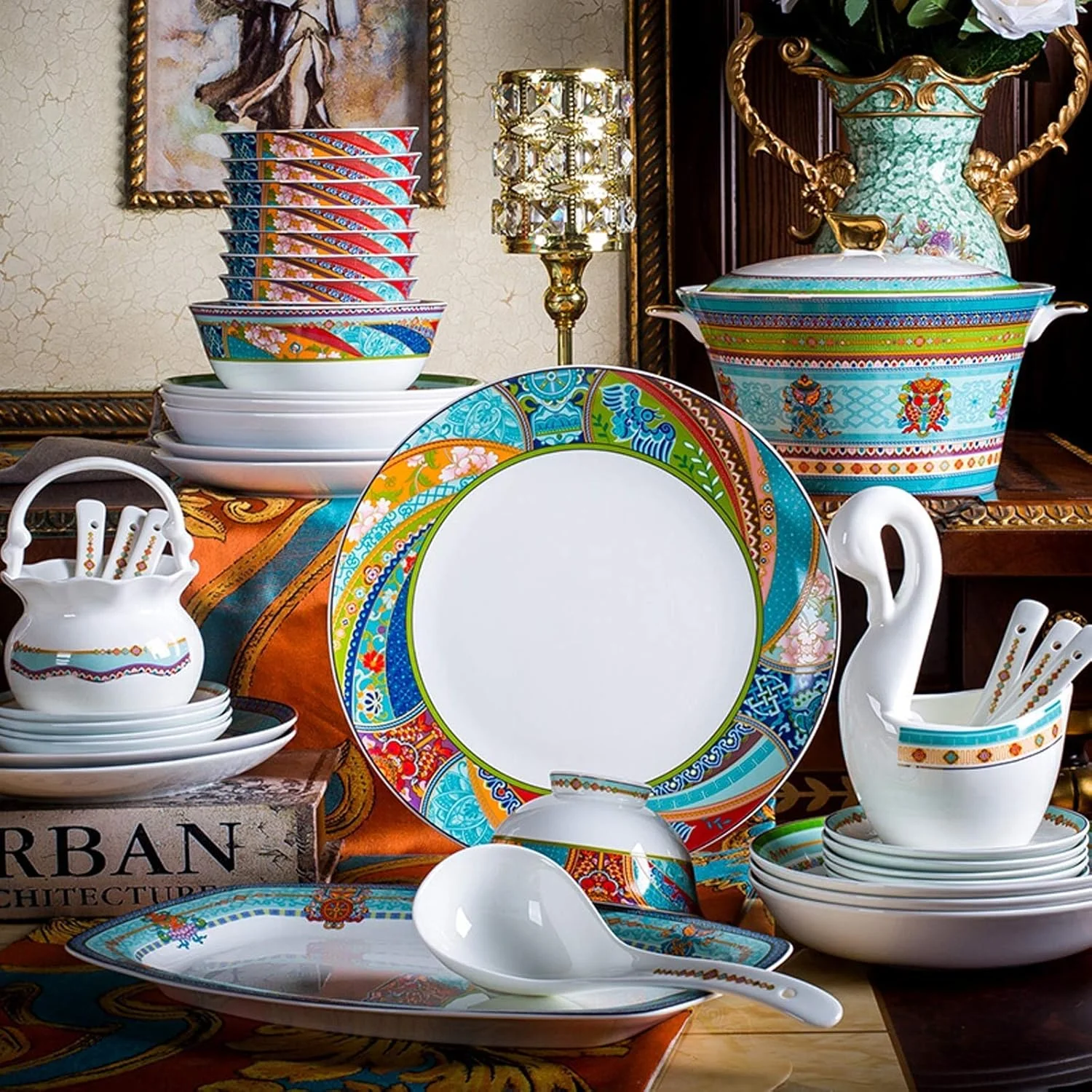 سرویس غذاخوری شیک، ست ظروف سرامیکی، ست ظروف چینی استخوانی 48 تکه، ست ظروف غذاخوری لوکس میناکاری شده با قابلمه سوپ و کاسه غلات سرویس غذاخوری شیک، ست ظروف سرامیکی، ست ظروف چینی استخوانی 48 تکه، ست ظروف غذاخوری لوکس میناکاری شده با قابلمه سوپ و کاسه غلات