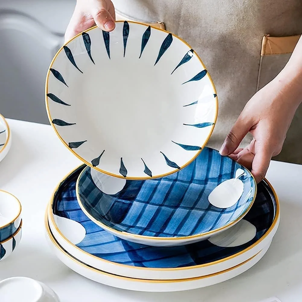 سرویس ظروف غذاخوری سرامیکی، ست بشقاب و کاسه | ست ظروف غذاخوری ژاپنی 52 تکه - بشقاب استیک راه راه ساده برای هدایای عروسی، آبی سرویس ظروف غذاخوری سرامیکی، ست بشقاب و کاسه | ست ظروف غذاخوری ژاپنی 52 تکه - بشقاب استیک راه راه ساده برای هدایای عروسی، آبی