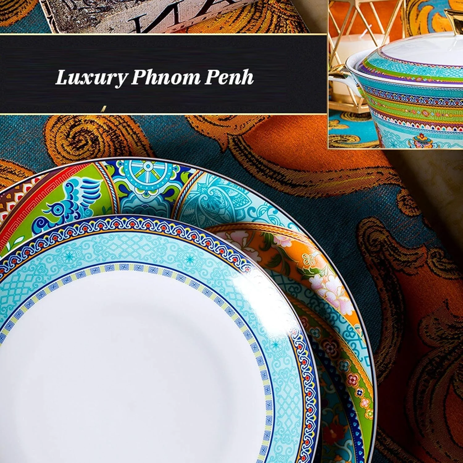 سرویس غذاخوری شیک، ست ظروف سرامیکی، ست ظروف چینی استخوانی 48 تکه، ست ظروف غذاخوری لوکس میناکاری شده با قابلمه سوپ و کاسه غلات سرویس غذاخوری شیک، ست ظروف سرامیکی، ست ظروف چینی استخوانی 48 تکه، ست ظروف غذاخوری لوکس میناکاری شده با قابلمه سوپ و کاسه غلات