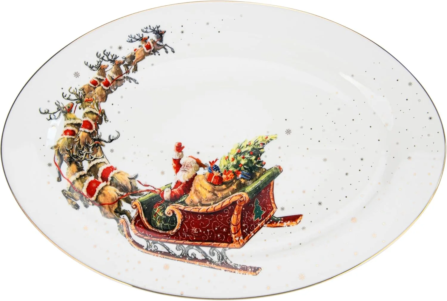 بشقاب بیضی شکل فیسمن، طرح کریسمس، 35x23 سانتی متر | بشقاب سرو دیس با طراحی کریسمسی | بشقاب بیضی شکل چینی با زیره ضد لغزش | ظروف غذاخوری تعطیلات | بشقاب تزئینی جشن