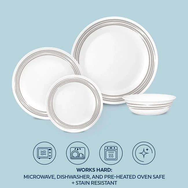 سرویس غذاخوری 16 پارچه Corelle طرح Brushed Silver، مقاوم در برابر لب پر شدن و شکستن سرویس غذاخوری 16 پارچه Corelle طرح Brushed Silver، مقاوم در برابر لب پر شدن و شکستن