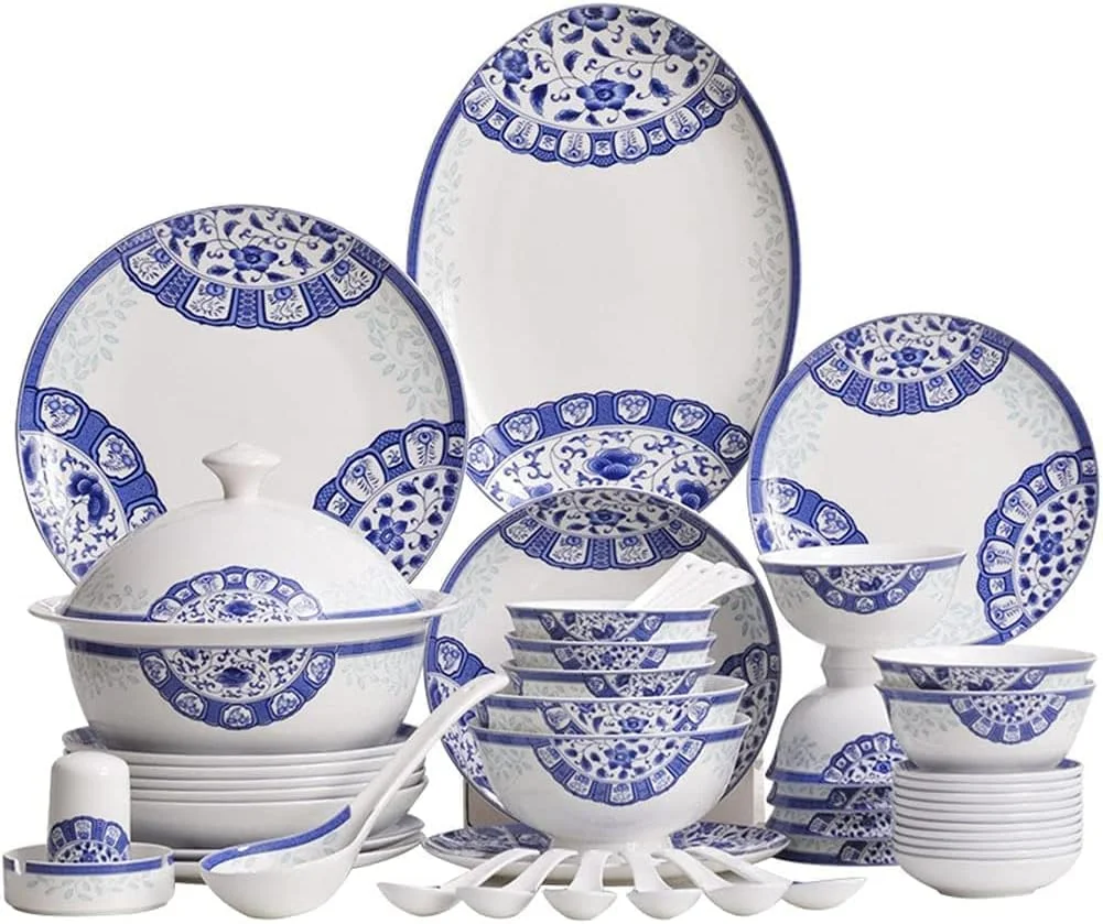 ست ظروف غذاخوری سرامیکی خلاقانه، ست 58 پارچه برای 6-8 نفر، کاسه و بشقاب چینی استخوانی با طرح آبی و سفید ست ظروف غذاخوری سرامیکی خلاقانه، ست 58 پارچه برای 6-8 نفر، کاسه و بشقاب چینی استخوانی با طرح آبی و سفید