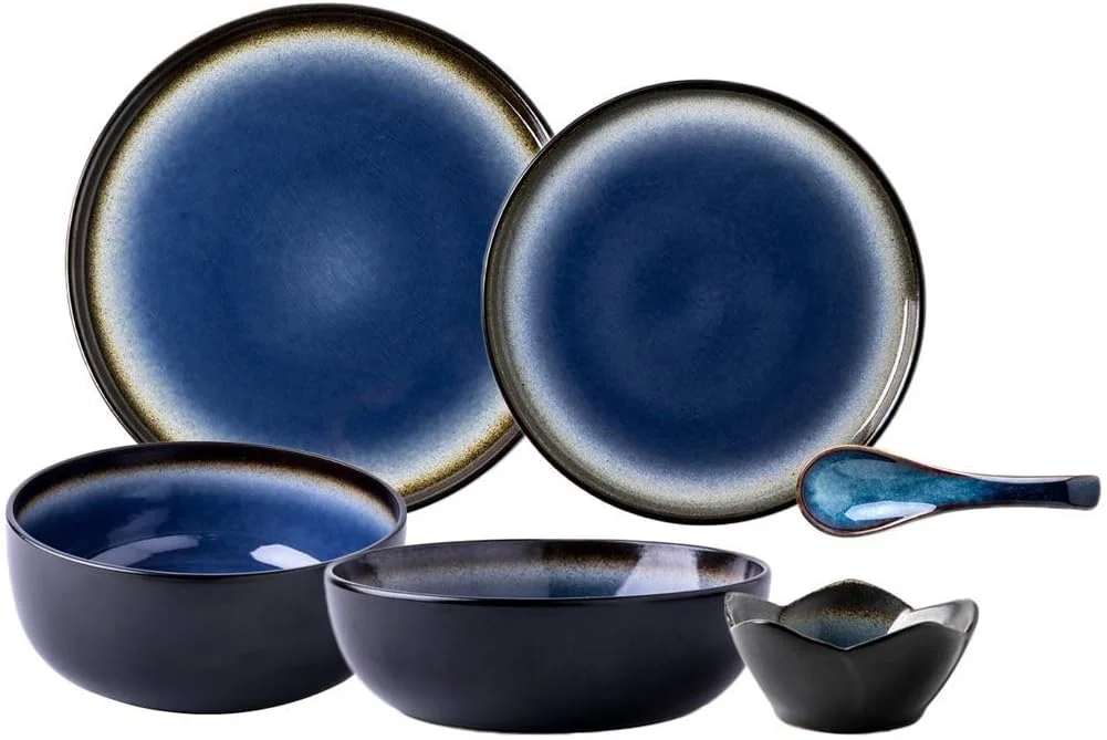 ست ظروف شام خوری سرامیکی خلاقانه 23 تکه با لعاب کوره ای آبی | شامل کاسه غلات، قاشق و بشقاب مناسب برای دورهمی های خانوادگی و هدیه عروسی ست ظروف شام خوری سرامیکی خلاقانه 23 تکه با لعاب کوره ای آبی | شامل کاسه غلات، قاشق و بشقاب مناسب برای دورهمی های خانوادگی و هدیه عروسی