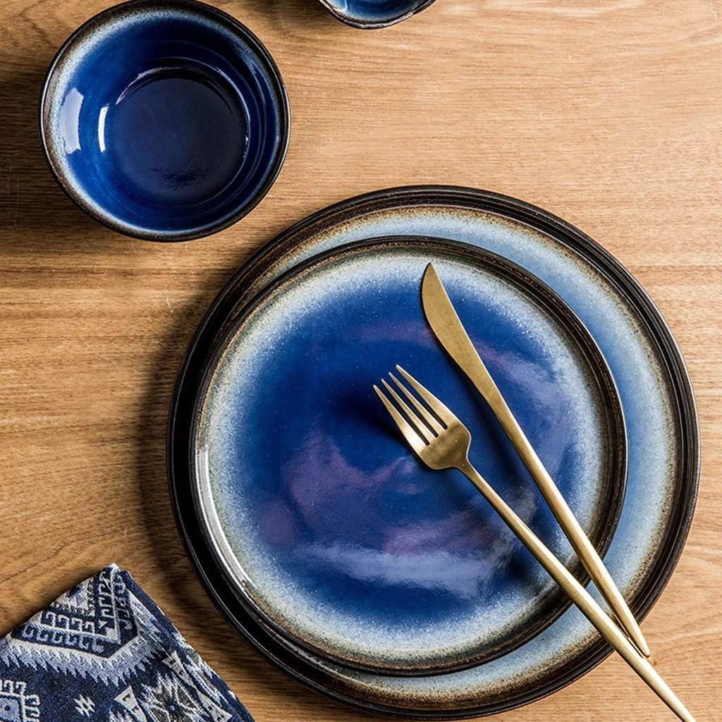 ست ظروف شام خوری سرامیکی خلاقانه 23 تکه با لعاب کوره ای آبی | شامل کاسه غلات، قاشق و بشقاب مناسب برای دورهمی های خانوادگی و هدیه عروسی ست ظروف شام خوری سرامیکی خلاقانه 23 تکه با لعاب کوره ای آبی | شامل کاسه غلات، قاشق و بشقاب مناسب برای دورهمی های خانوادگی و هدیه عروسی