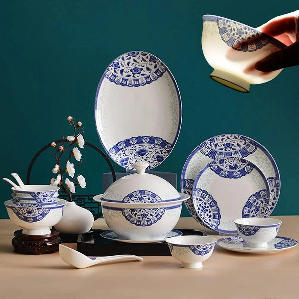ست ظروف غذاخوری سرامیکی خلاقانه، ست 58 پارچه برای 6-8 نفر، کاسه و بشقاب چینی استخوانی با طرح آبی و سفید ست ظروف غذاخوری سرامیکی خلاقانه، ست 58 پارچه برای 6-8 نفر، کاسه و بشقاب چینی استخوانی با طرح آبی و سفید