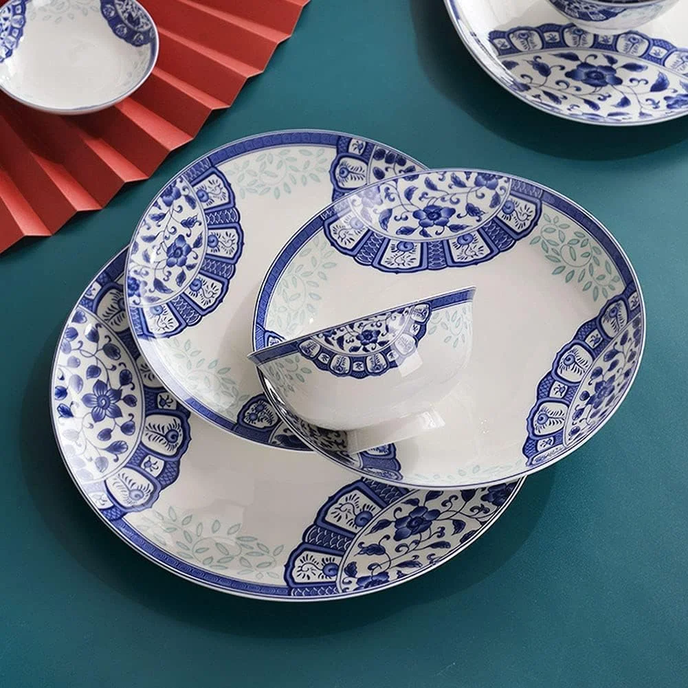 ست ظروف غذاخوری سرامیکی خلاقانه، ست 58 پارچه برای 6-8 نفر، کاسه و بشقاب چینی استخوانی با طرح آبی و سفید ست ظروف غذاخوری سرامیکی خلاقانه، ست 58 پارچه برای 6-8 نفر، کاسه و بشقاب چینی استخوانی با طرح آبی و سفید