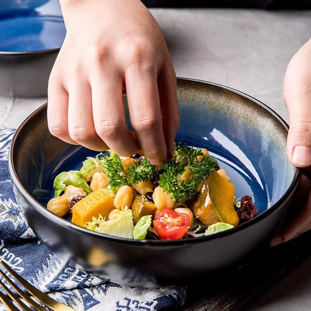 ست ظروف شام خوری سرامیکی خلاقانه 23 تکه با لعاب کوره ای آبی | شامل کاسه غلات، قاشق و بشقاب مناسب برای دورهمی های خانوادگی و هدیه عروسی ست ظروف شام خوری سرامیکی خلاقانه 23 تکه با لعاب کوره ای آبی | شامل کاسه غلات، قاشق و بشقاب مناسب برای دورهمی های خانوادگی و هدیه عروسی