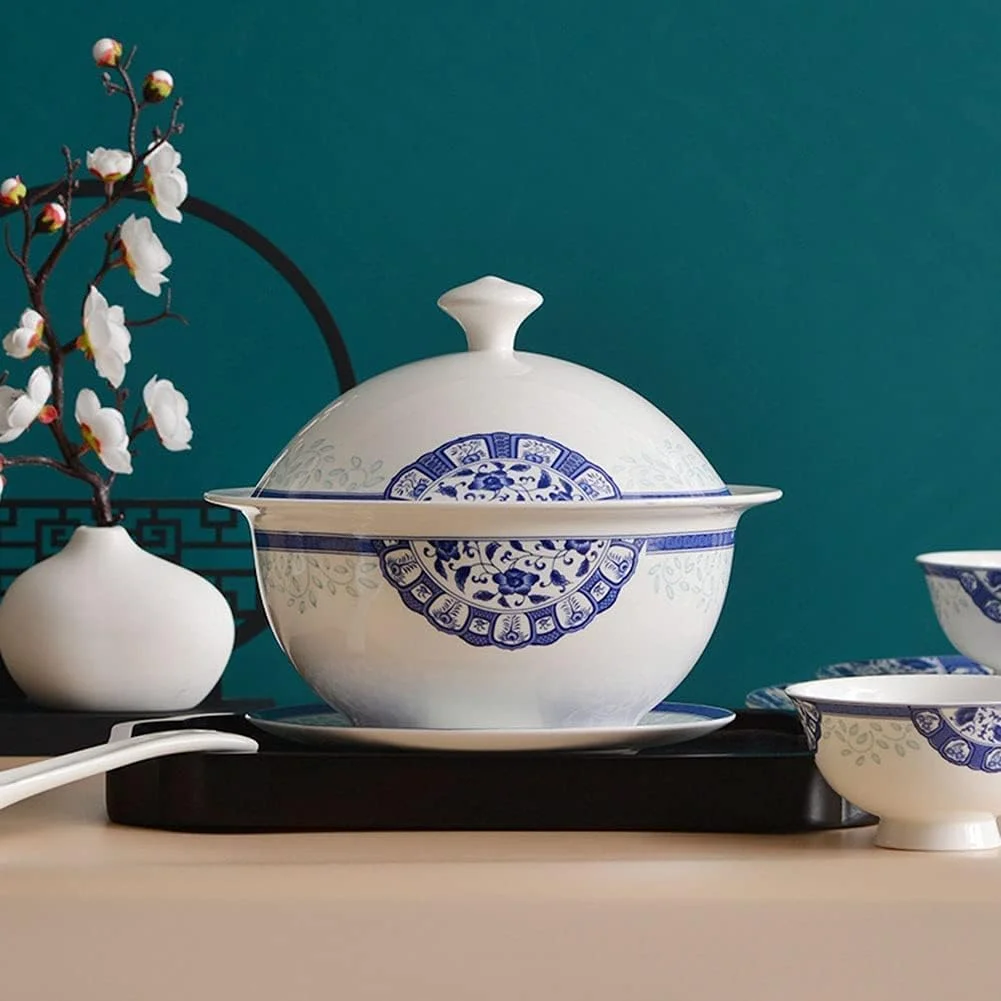 ست ظروف غذاخوری سرامیکی خلاقانه، ست 58 پارچه برای 6-8 نفر، کاسه و بشقاب چینی استخوانی با طرح آبی و سفید ست ظروف غذاخوری سرامیکی خلاقانه، ست 58 پارچه برای 6-8 نفر، کاسه و بشقاب چینی استخوانی با طرح آبی و سفید