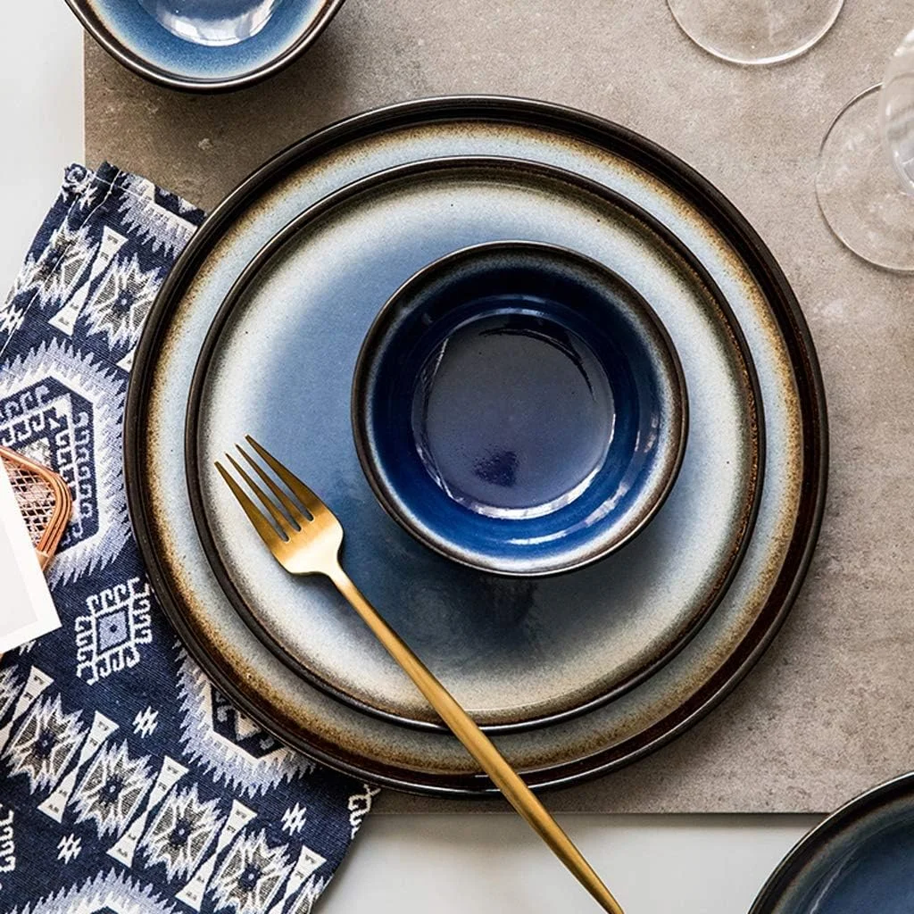 ست ظروف شام خوری سرامیکی خلاقانه 23 تکه با لعاب کوره ای آبی | شامل کاسه غلات، قاشق و بشقاب مناسب برای دورهمی های خانوادگی و هدیه عروسی ست ظروف شام خوری سرامیکی خلاقانه 23 تکه با لعاب کوره ای آبی | شامل کاسه غلات، قاشق و بشقاب مناسب برای دورهمی های خانوادگی و هدیه عروسی