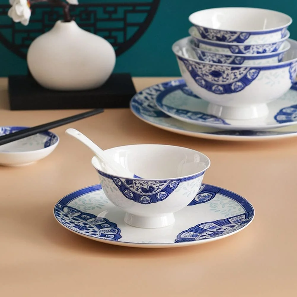 ست ظروف غذاخوری سرامیکی خلاقانه، ست 58 پارچه برای 6-8 نفر، کاسه و بشقاب چینی استخوانی با طرح آبی و سفید ست ظروف غذاخوری سرامیکی خلاقانه، ست 58 پارچه برای 6-8 نفر، کاسه و بشقاب چینی استخوانی با طرح آبی و سفید