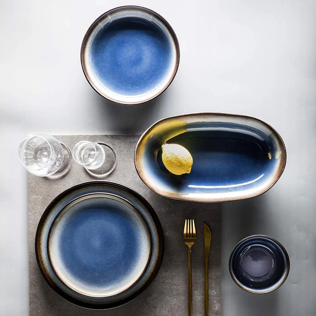 ست ظروف شام خوری سرامیکی خلاقانه 23 تکه با لعاب کوره ای آبی | شامل کاسه غلات، قاشق و بشقاب مناسب برای دورهمی های خانوادگی و هدیه عروسی ست ظروف شام خوری سرامیکی خلاقانه 23 تکه با لعاب کوره ای آبی | شامل کاسه غلات، قاشق و بشقاب مناسب برای دورهمی های خانوادگی و هدیه عروسی