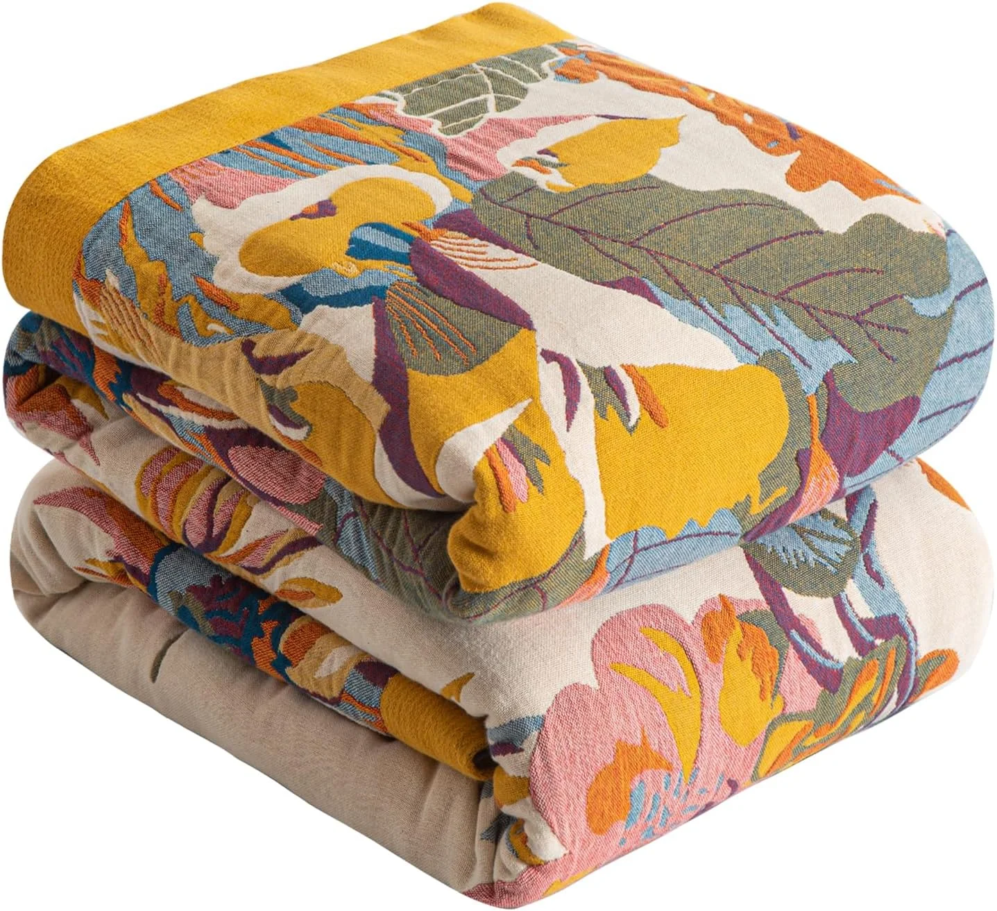 پتو بوهو SESoftexly 100% پنبه - روتختی بزرگ دو طرفه موسلین 230 x 250 سانتی متر، پتوی بغلی مبل و تخت، طراحی زیبا، ایده آل برای اتاق نشیمن و اتاق خواب، نارنجی/سبز