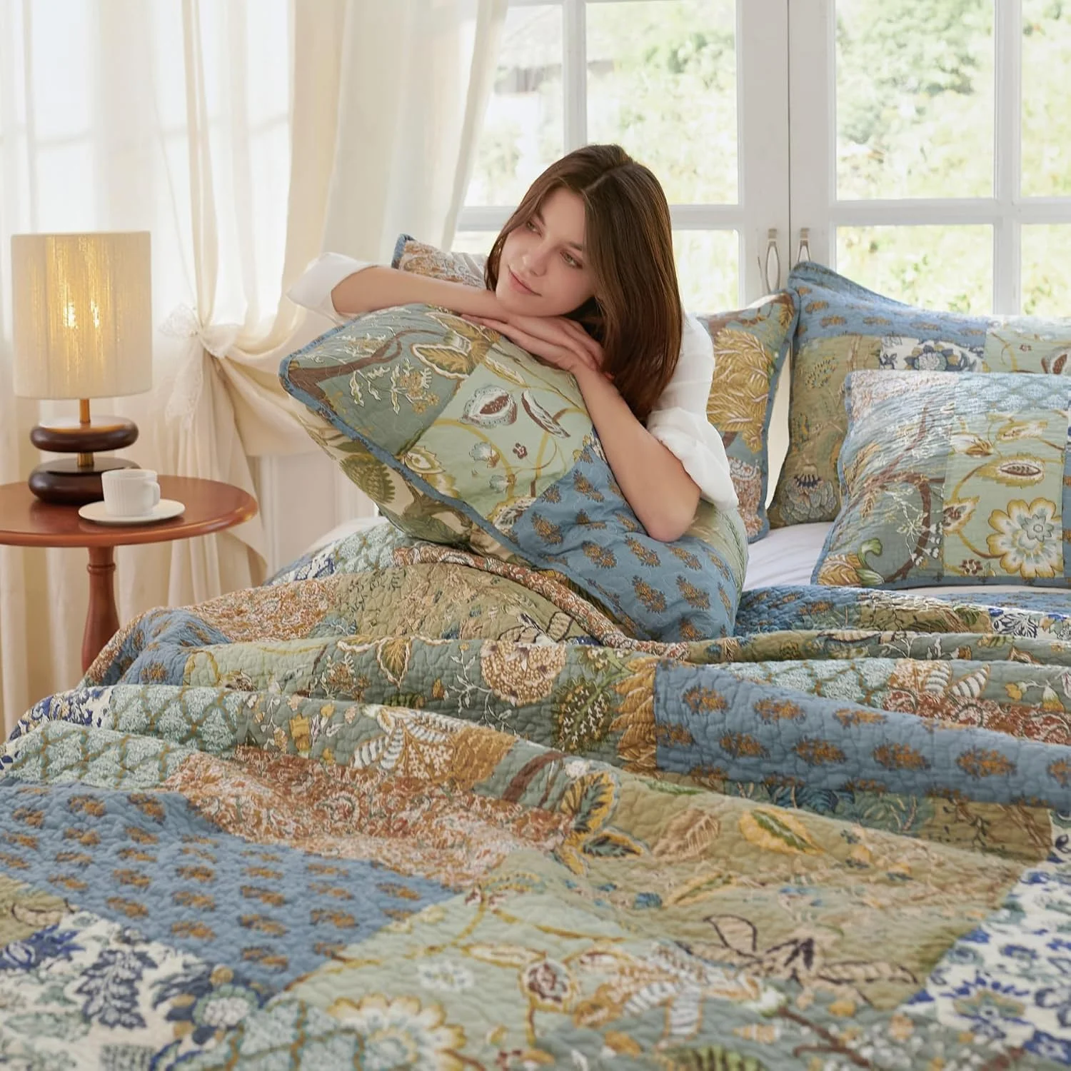 ست لحاف سایز کینگ Secgo - ست لحاف سایز کینگ 100% پنبه، سبز، رو تختی مریم گلی (248 * 269 سانتی متر) با 2 روبالشی، ست روتختی سبک وزن برگشت پذیر تکه دوزی شده، رو تختی مناسب تمام فصل ها