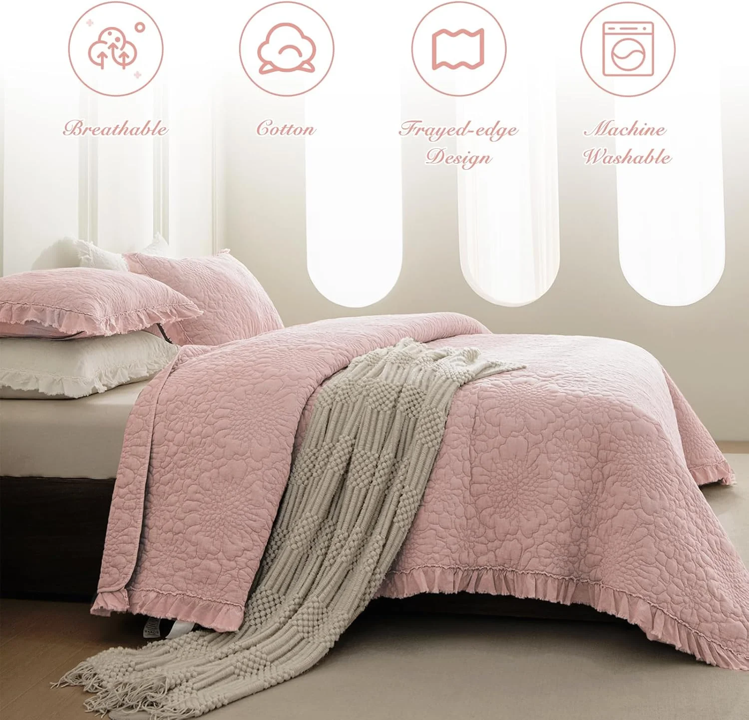 ست لحاف پنبه ای سنگ شور شده Sanracie سایز کینگ (279x248 سانتی متر)، ست روتختی چین دار صورتی روشن با طرح گلبرگ، طرح چروک، شیک و روستیک، ست روتختی لحافی 3 تکه مناسب تمام فصول ست لحاف پنبه ای سنگ شور شده Sanracie سایز کینگ (279x248 سانتی متر)، ست روتختی چین دار صورتی روشن با طرح گلبرگ، طرح چروک، شیک و روستیک، ست روتختی لحافی 3 تکه مناسب تمام فصول