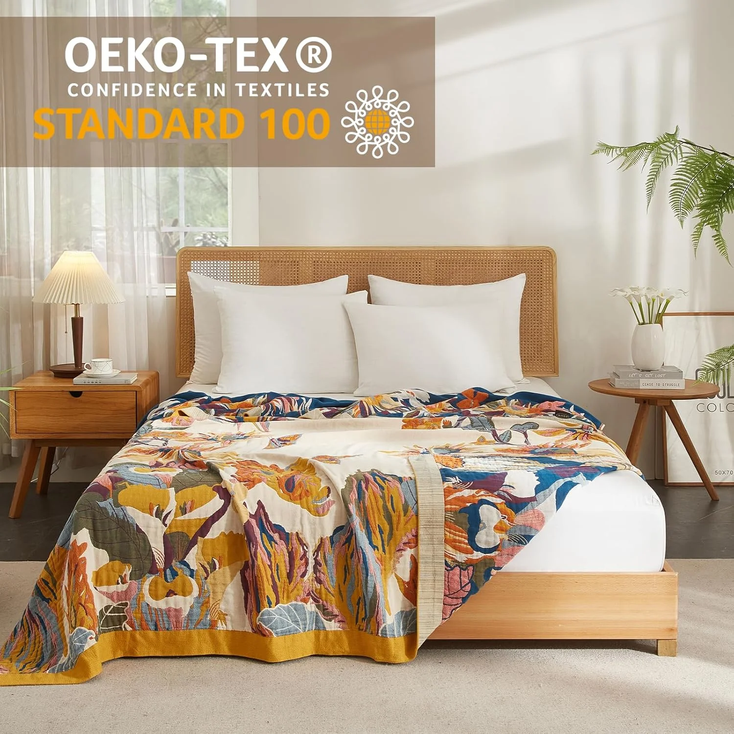 پتو بوهو SESoftexly 100% پنبه - روتختی بزرگ دو طرفه موسلین 230 x 250 سانتی متر، پتوی بغلی مبل و تخت، طراحی زیبا، ایده آل برای اتاق نشیمن و اتاق خواب، نارنجی/سبز