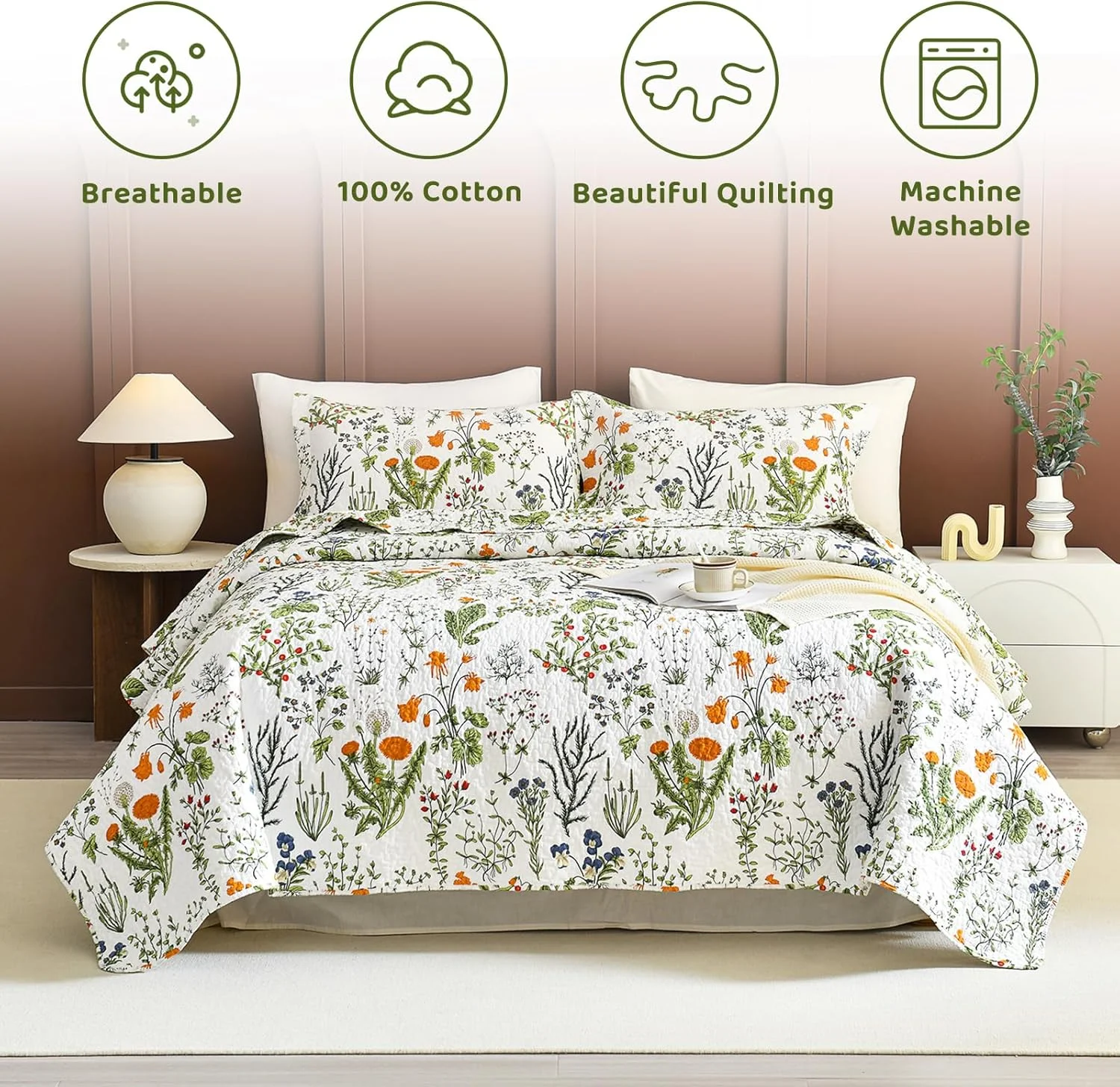 ست روتختی لحاف دار طرح گل کینگ Sanracie 100% پنبه، طرح گیاهی گل های زرد، روتختی گلدار سبز چاپ شده برای تمام فصل ها، ست لحاف سبک و قابل تنفس کینگ 3 تکه ست روتختی لحاف دار طرح گل کینگ Sanracie 100% پنبه، طرح گیاهی گل های زرد، روتختی گلدار سبز چاپ شده برای تمام فصل ها، ست لحاف سبک و قابل تنفس کینگ 3 تکه