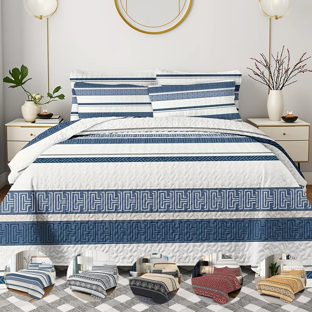 ست روتختی 3 تکه طرح راه راه بوهو SANOCAY، دو رو، نرم و سبک، مناسب تمام فصول (آبی، سایز کینگ 264x228 سانتی متر) به همراه 2 روبالشتی