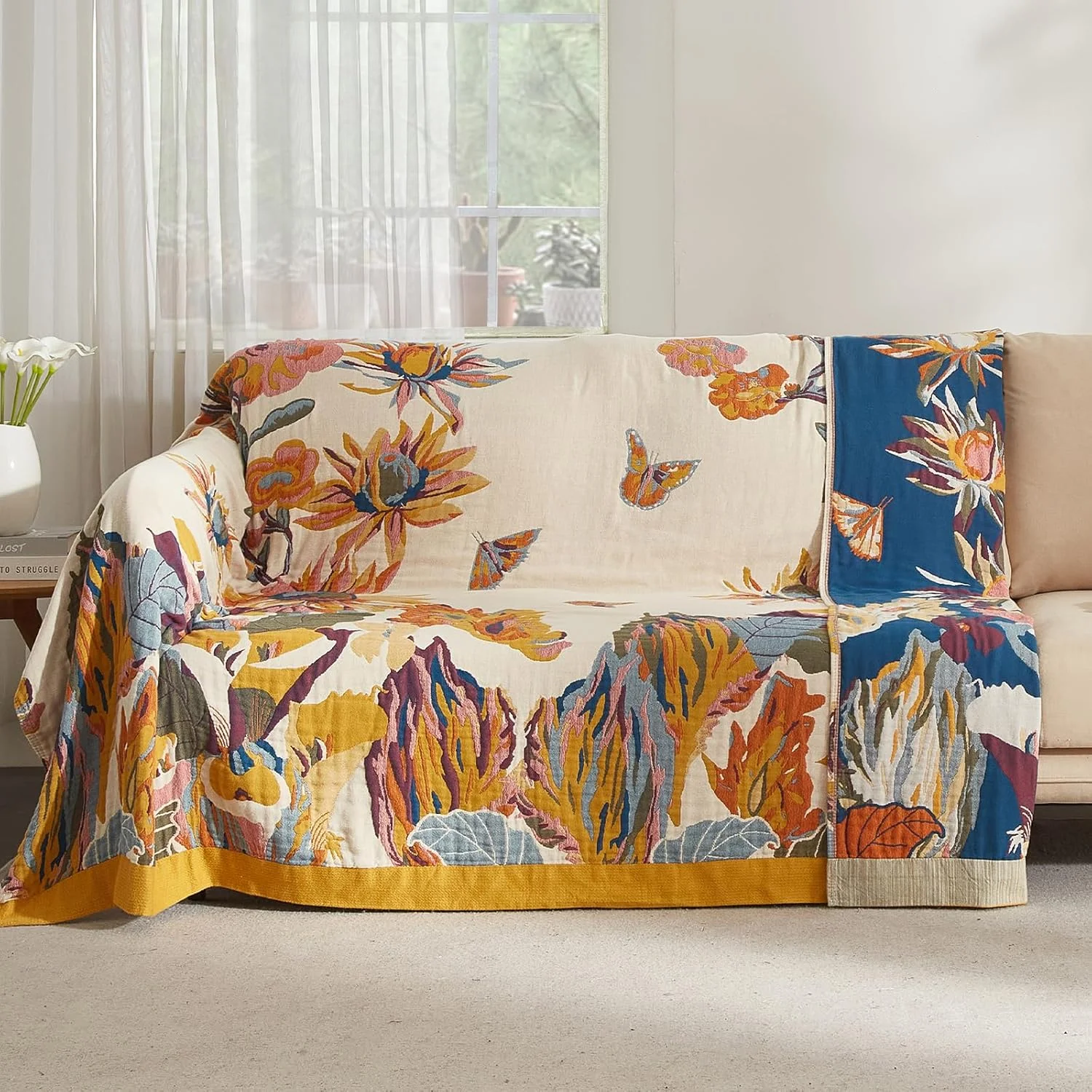 پتو بوهو SESoftexly 100% پنبه - روتختی بزرگ دو طرفه موسلین 230 x 250 سانتی متر، پتوی بغلی مبل و تخت، طراحی زیبا، ایده آل برای اتاق نشیمن و اتاق خواب، نارنجی/سبز