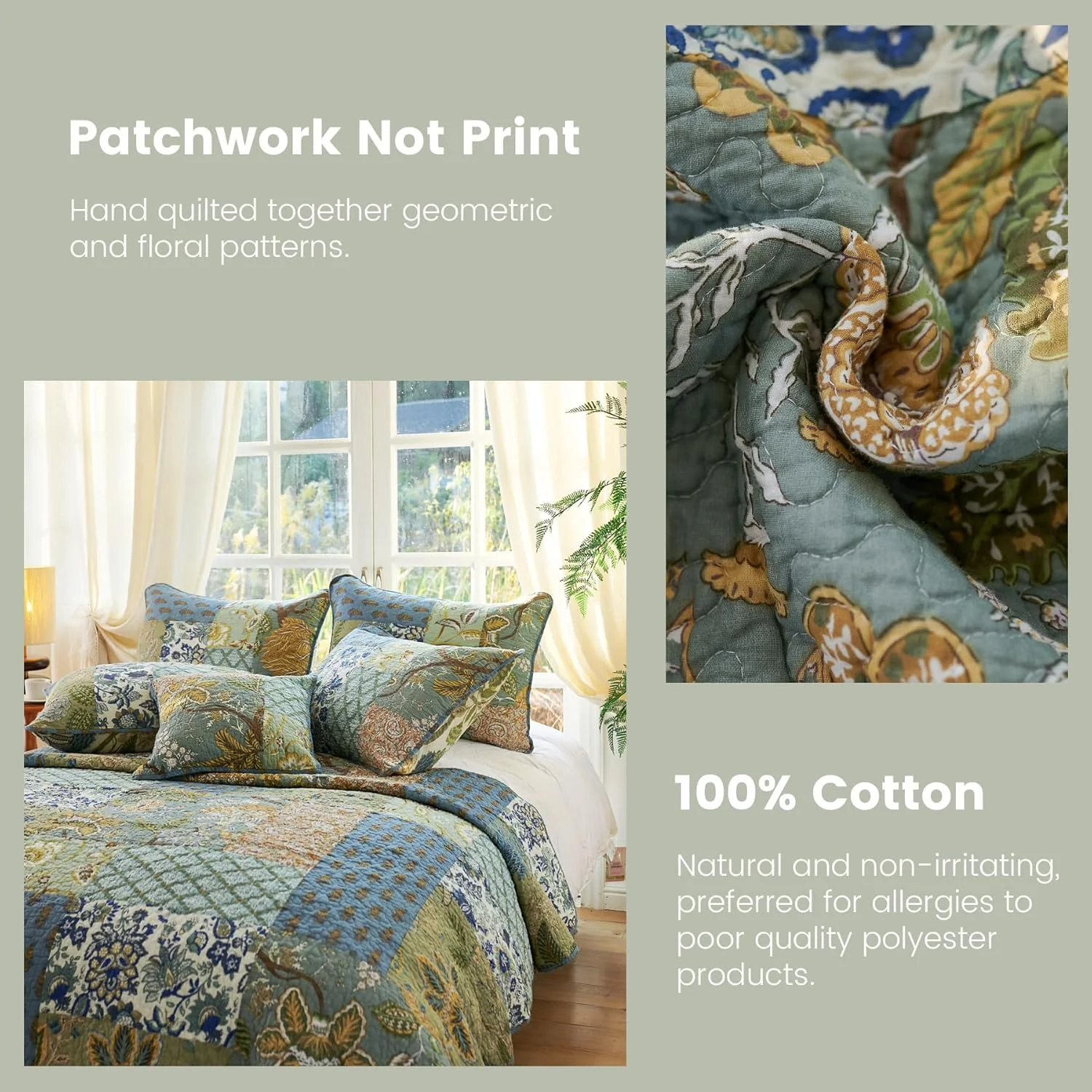 ست لحاف سایز کینگ Secgo - ست لحاف سایز کینگ 100% پنبه، سبز، رو تختی مریم گلی (248 * 269 سانتی متر) با 2 روبالشی، ست روتختی سبک وزن برگشت پذیر تکه دوزی شده، رو تختی مناسب تمام فصل ها