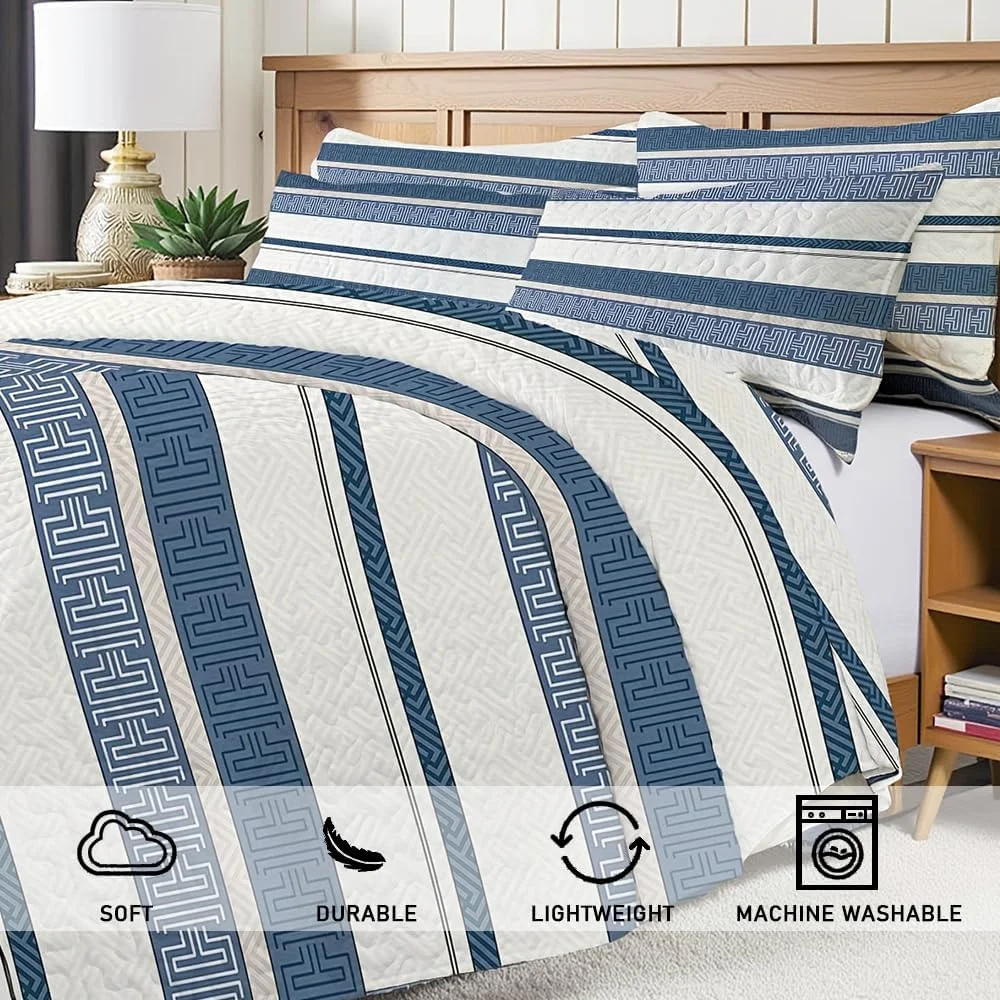ست روتختی 3 تکه طرح راه راه بوهو SANOCAY، دو رو، نرم و سبک، مناسب تمام فصول (آبی، سایز کینگ 264x228 سانتی متر) به همراه 2 روبالشتی