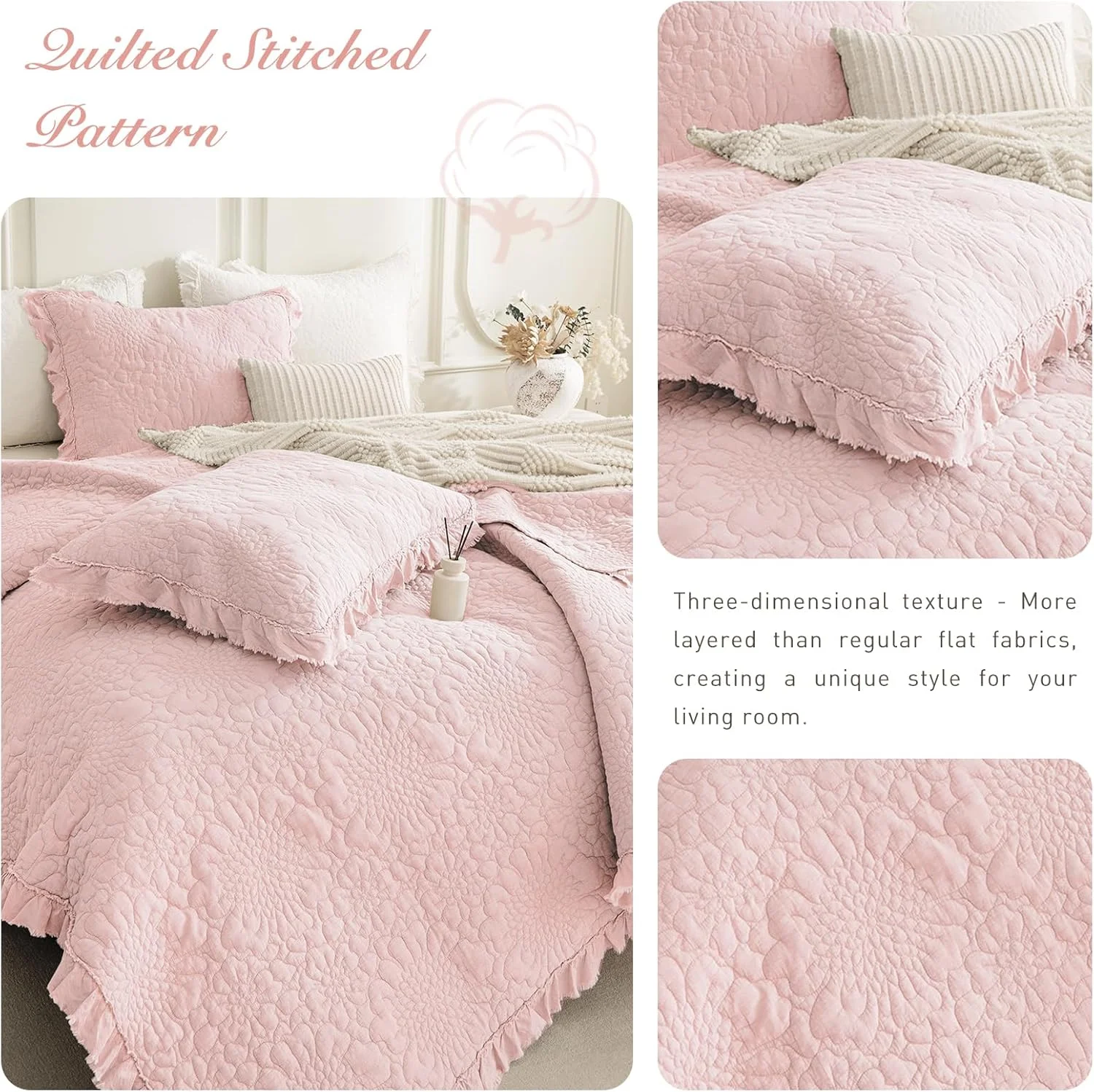 ست لحاف پنبه ای سنگ شور شده Sanracie سایز کینگ (279x248 سانتی متر)، ست روتختی چین دار صورتی روشن با طرح گلبرگ، طرح چروک، شیک و روستیک، ست روتختی لحافی 3 تکه مناسب تمام فصول ست لحاف پنبه ای سنگ شور شده Sanracie سایز کینگ (279x248 سانتی متر)، ست روتختی چین دار صورتی روشن با طرح گلبرگ، طرح چروک، شیک و روستیک، ست روتختی لحافی 3 تکه مناسب تمام فصول