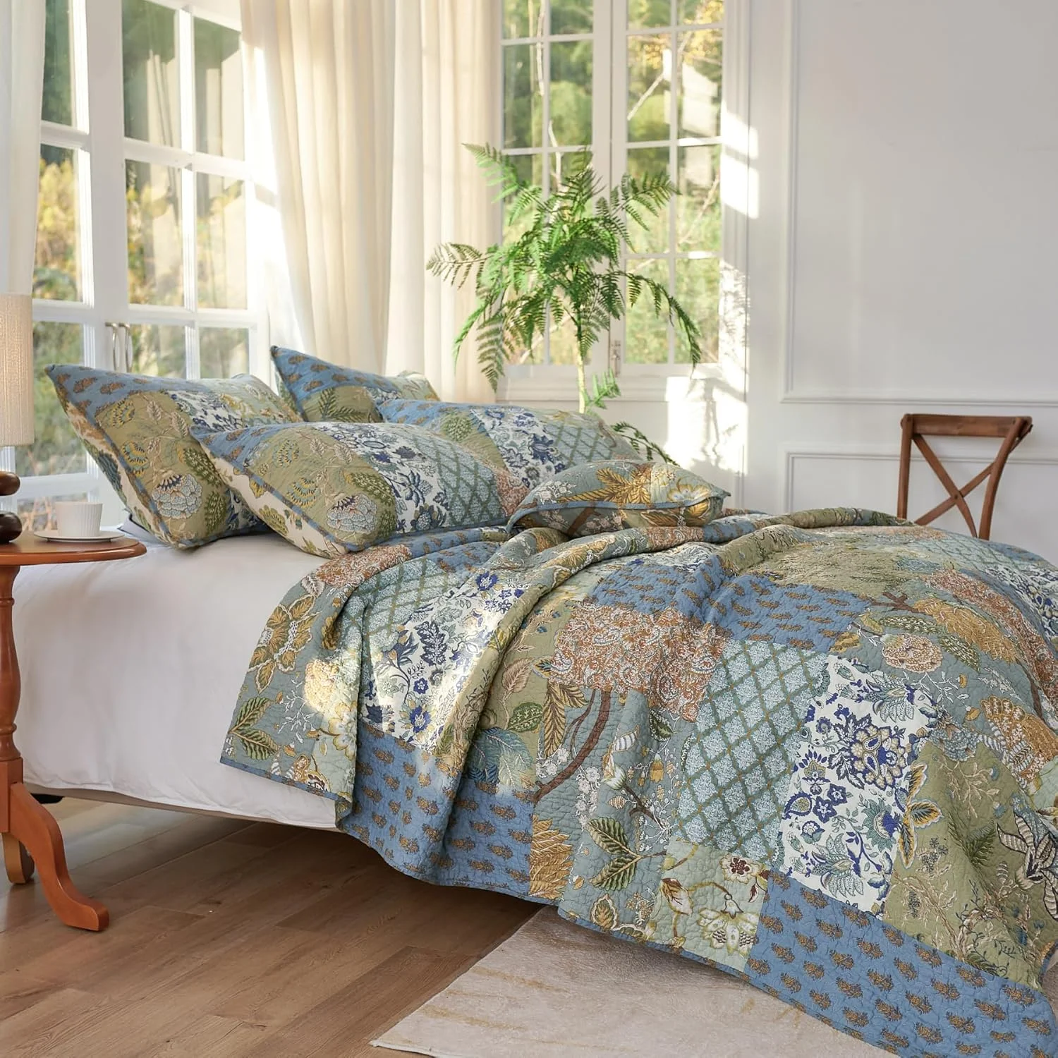 ست لحاف سایز کینگ Secgo - ست لحاف سایز کینگ 100% پنبه، سبز، رو تختی مریم گلی (248 * 269 سانتی متر) با 2 روبالشی، ست روتختی سبک وزن برگشت پذیر تکه دوزی شده، رو تختی مناسب تمام فصل ها